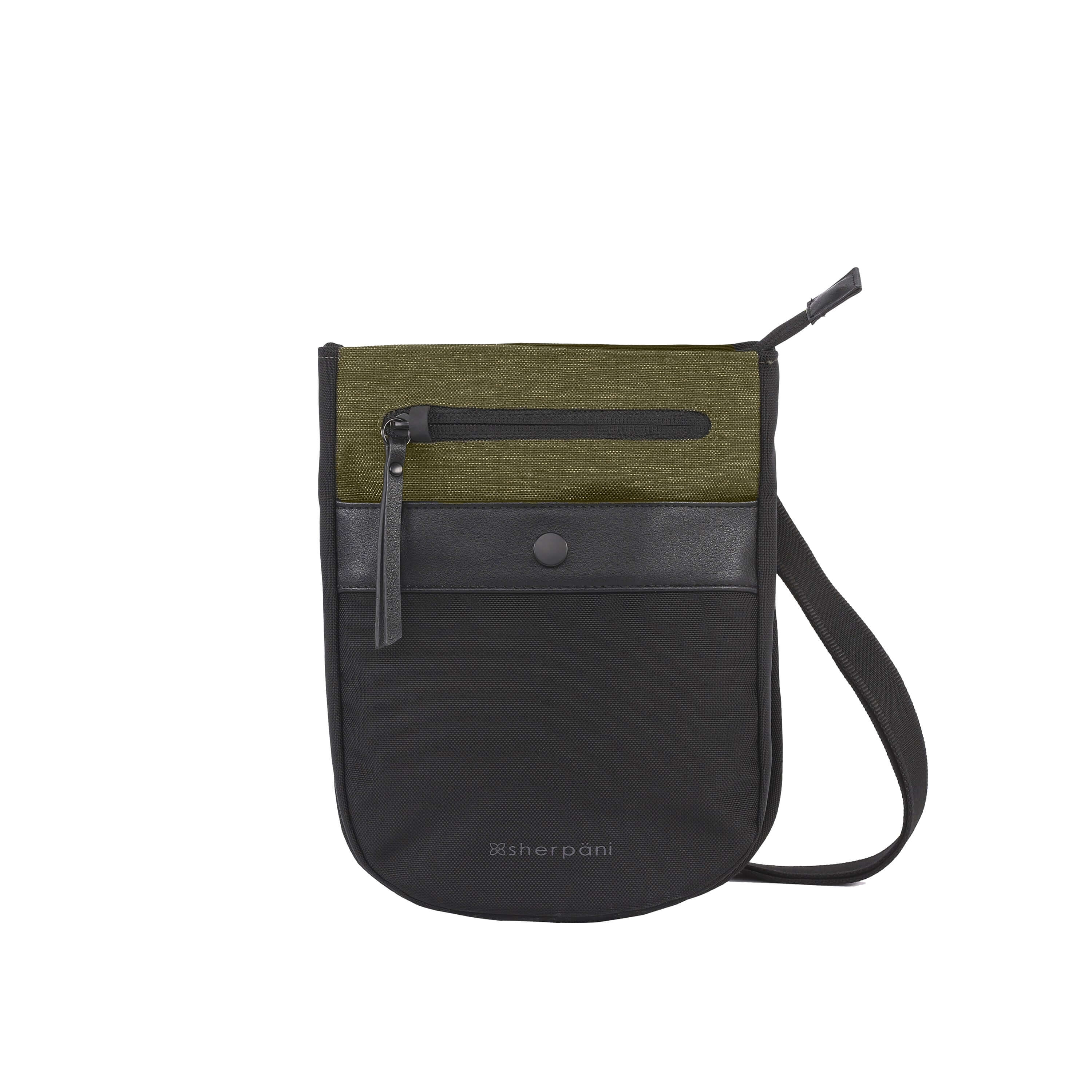 Flat front view of Sherpani’s Anti-Theft bag, the Prima AT in Loden, with vegan leather accents in black. There is an external pouch on the front of the bag that sits below a locking zipper compartment. The bag features an adjustable crossbody strap.