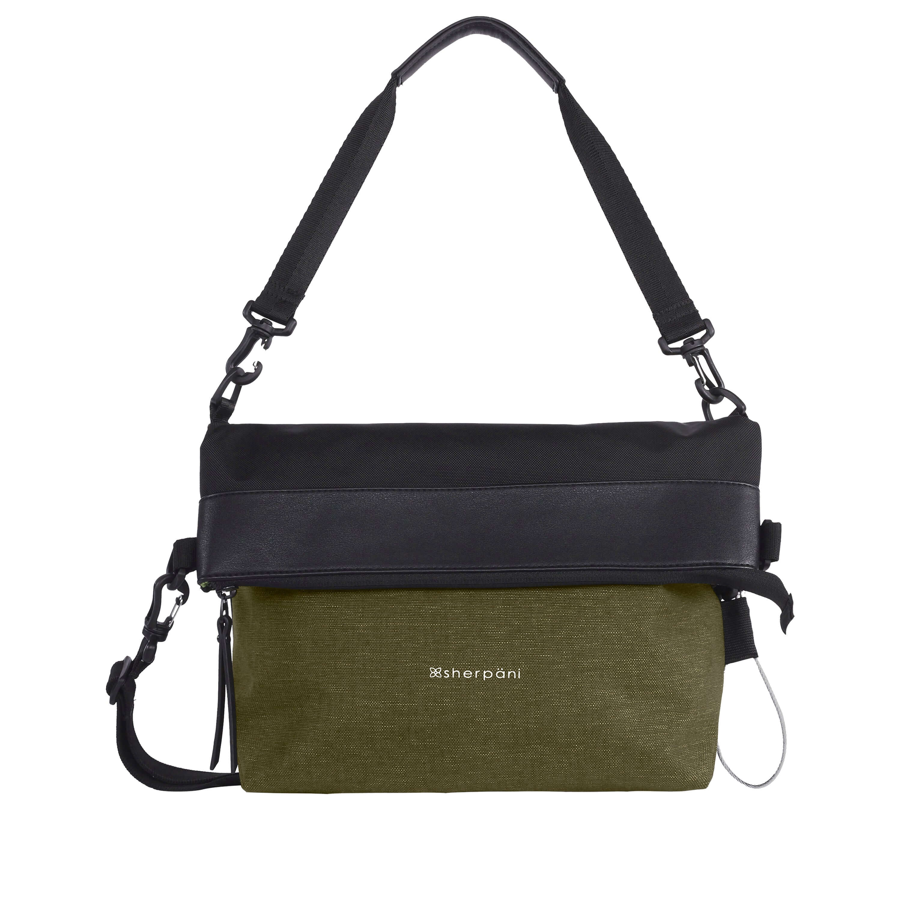 Flat front view of Sherpani's Anti-Theft bag, the Vale AT in Loden with vegan leather accents in black. The top is folded over creating a two-toned reversible overlap. A chair loop lock is clipped onto one side, secured in place by an elastic tab. It has an adjustable/detachable crossbody strap, and a second detachable strap fixed at a shorter length. 