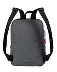 Back view of Sherpani mesh backpack, the Adaline. It has a gray and black mesh pattern and features red pops of color on the accent buckle and easy-pull zipper. The bag has black adjustable backpack straps and a tote handle for easy carrying.