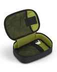 Inside view of Sherpani travel accessory the Atlas. The interior of the case is lime green, mesh pockets sit on either side.