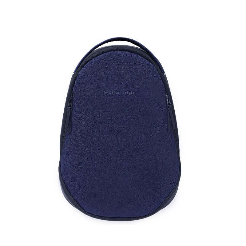 Flat front view of Sherpani&#39;s Anti-Theft backpack, the Presta in Midnight Blue, with black accents. The backpack has a teardrop shape. There is an external zipper compartment on either side of the bag and an easy-access handle sits on the top.