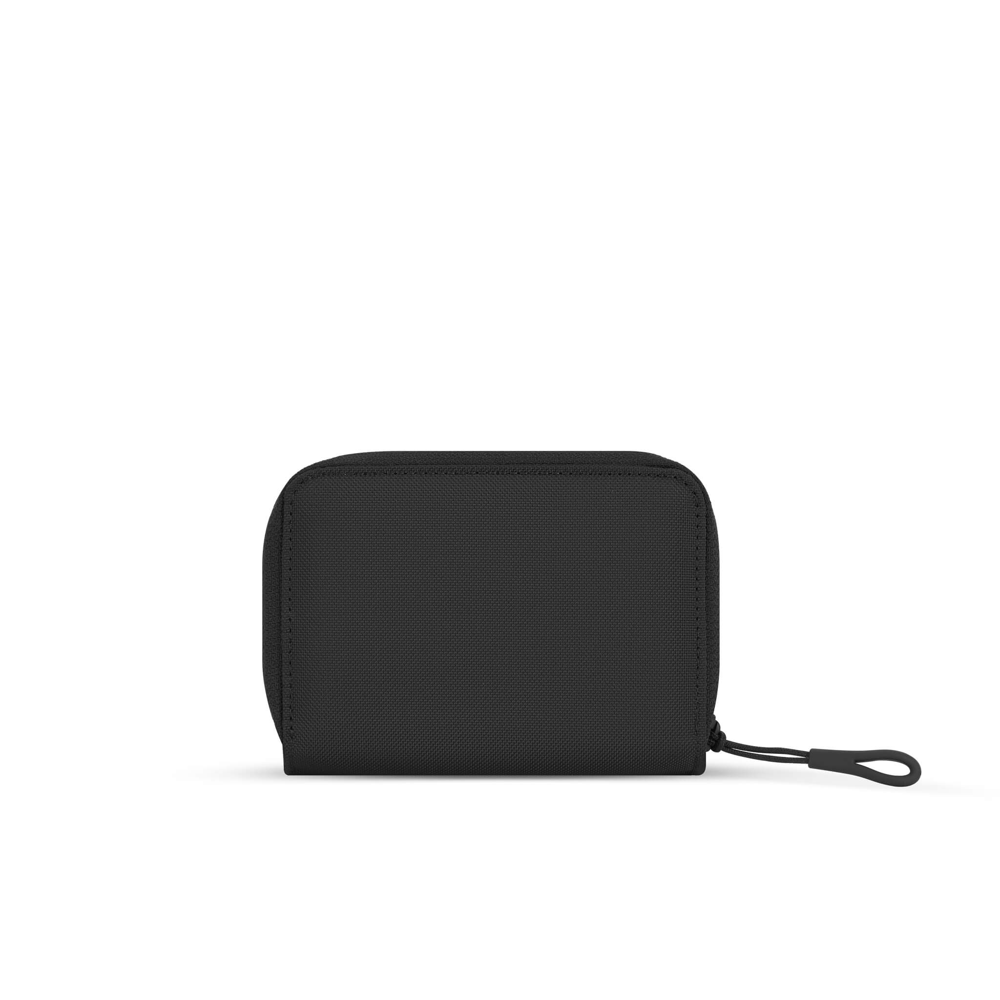 Back view of Sherpani wallet, the Barcelona in Raven. An easy-pull zipper sits on the right side, accented in black.