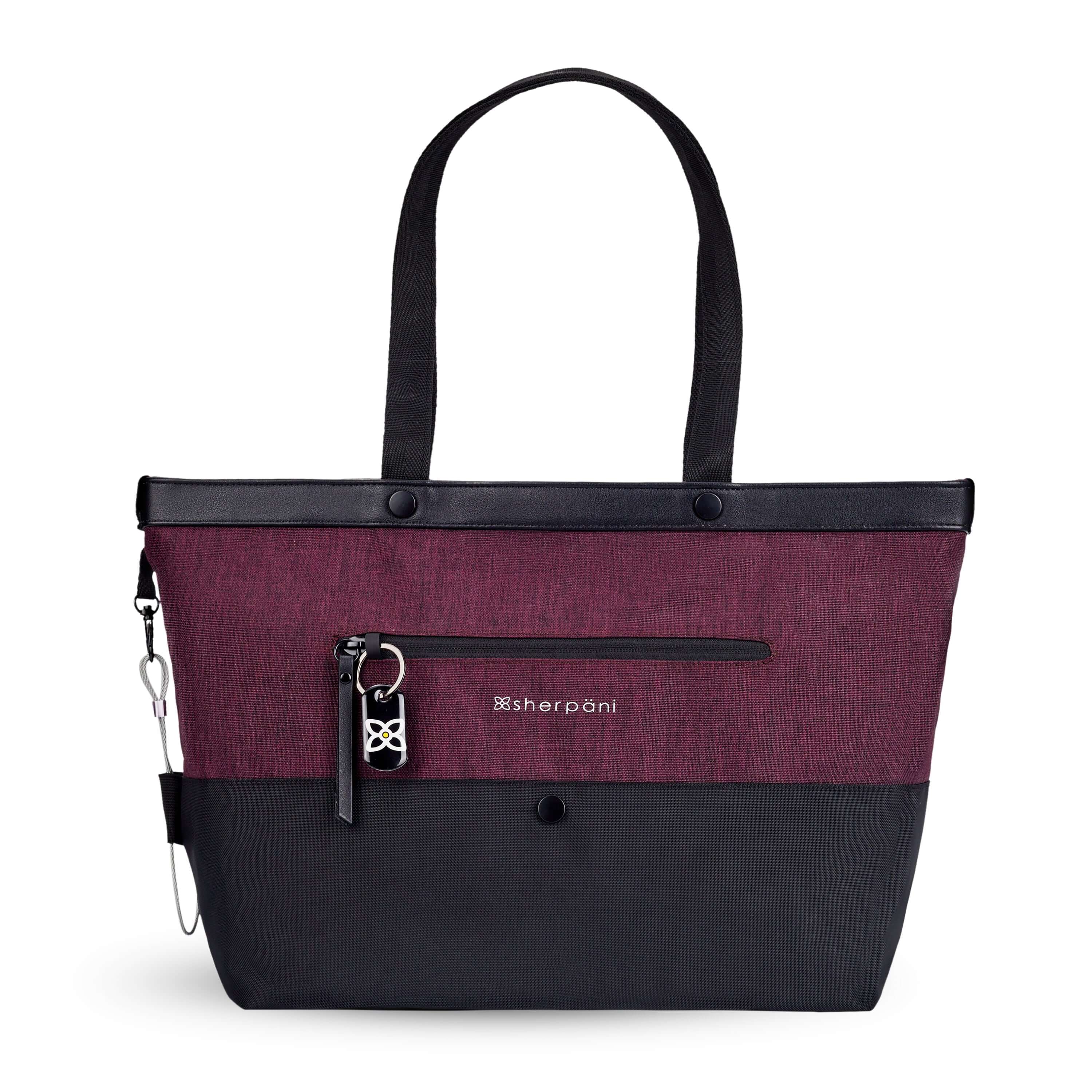 Flat front view of Sherpani&#39;s Anti-Theft tote, the Cali AT in Merlot, with vegan leather accents in black. There is an external compartment on the front of the bag with a locking zipper and ReturnMe tag. A chair loop lock is clipped to the side of the bag and is held in place by an elastic tab.