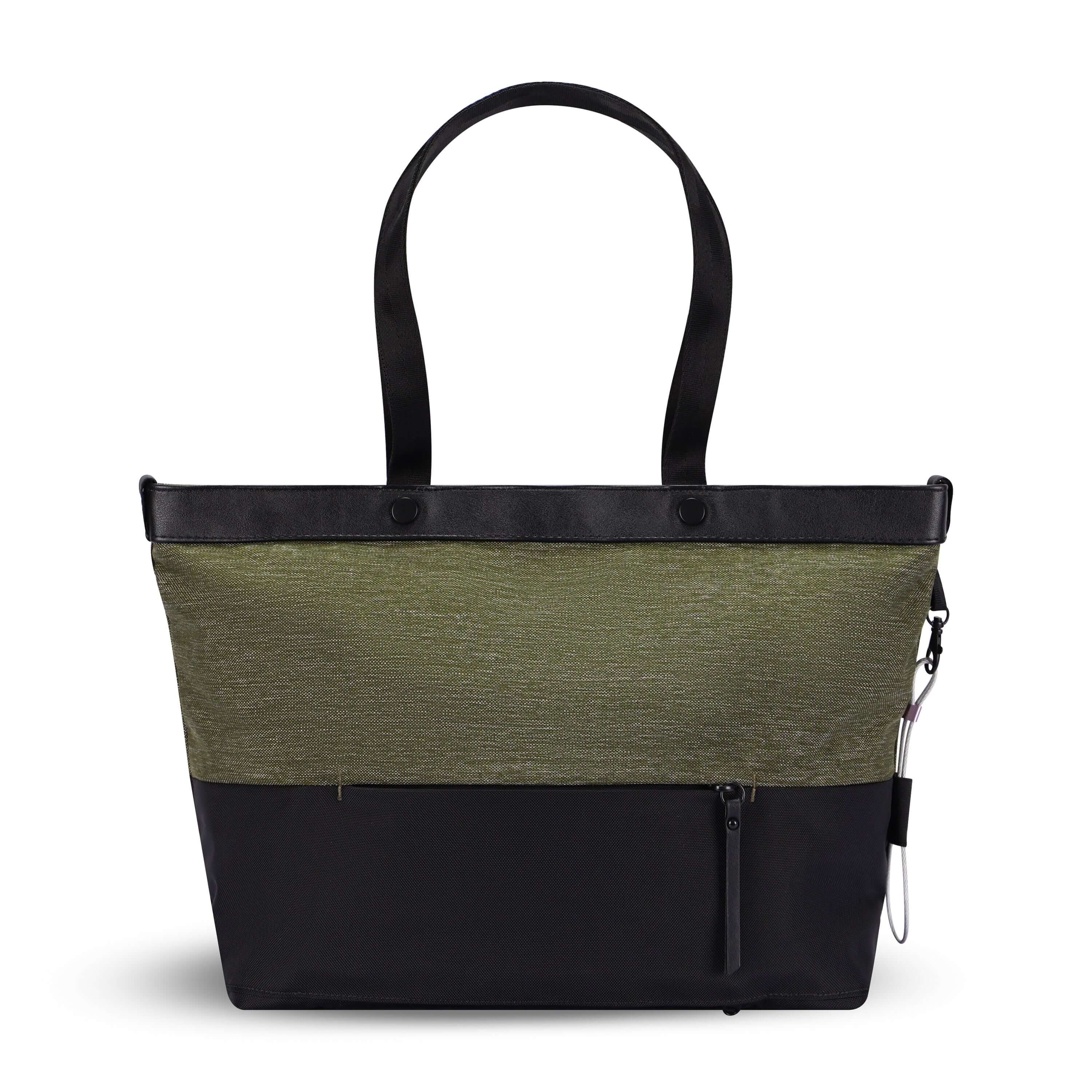 Back view of Sherpani&#39;s Anti-Theft tote, the Cali AT in Loden, with vegan leather accents in black. There is a zipper compartment that acts as a luggage pass-through or trolley sleve, and a chair loop lock on one side that is secured by an elastic tab.