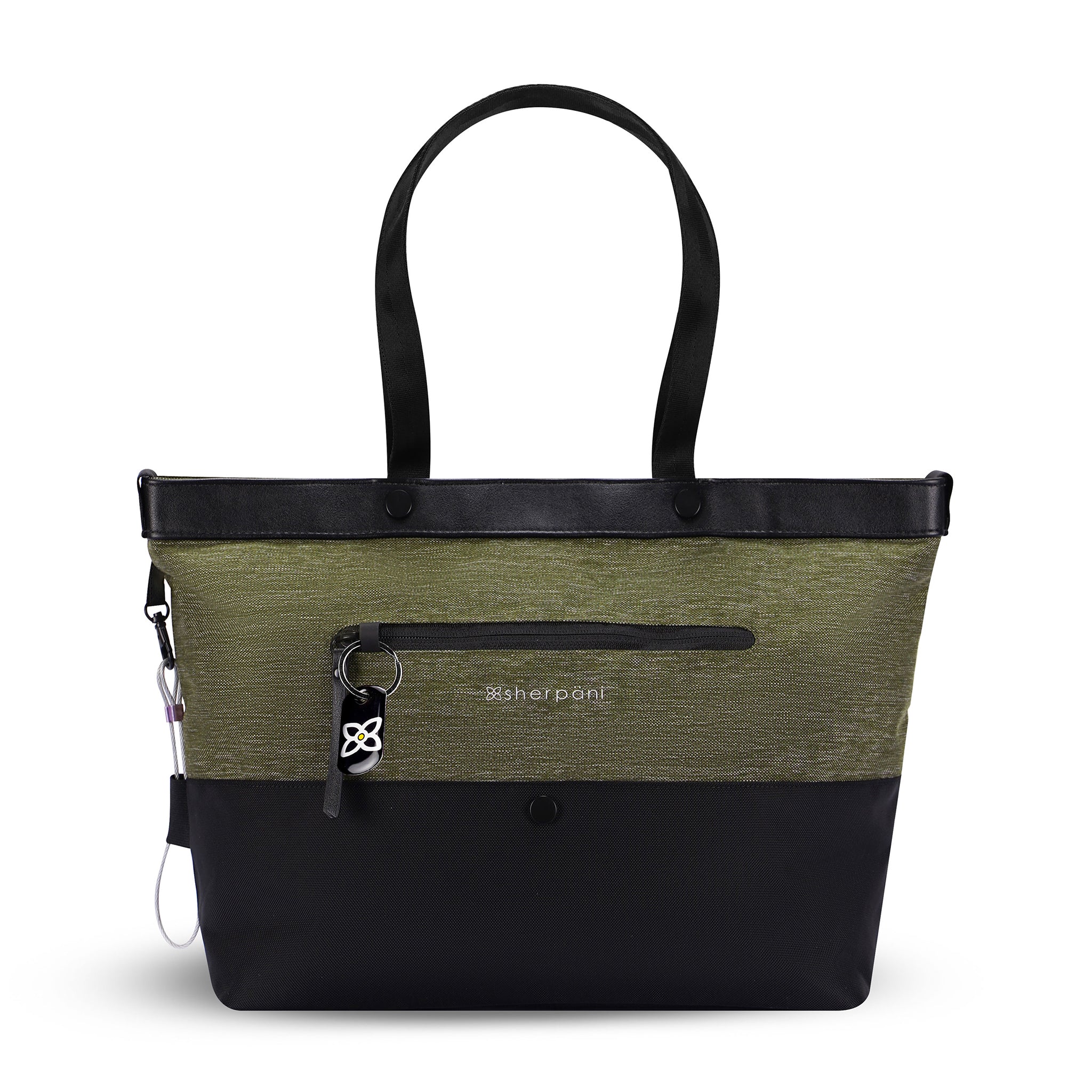 Flat front view of Sherpani's Anti-Theft tote, the Cali AT in Loden, with vegan leather accents in black. There is an external compartment on the front of the bag with a locking zipper and ReturnMe tag. A chair loop lock is clipped to the side of the bag and is held in place by an elastic tab. 