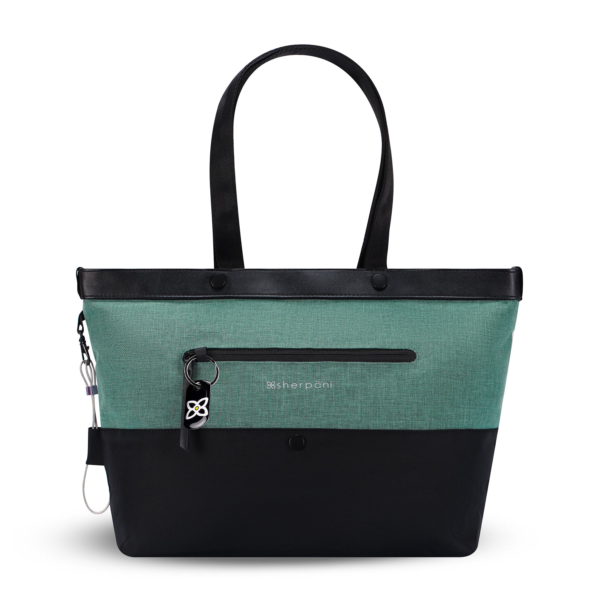 Flat front view of Sherpani's Anti-Theft tote, the Cali AT in Teal, with vegan leather accents in black. There is an external compartment on the front of the bag with a locking zipper and ReturnMe tag. A chair loop lock is clipped to the side of the bag and is held in place by an elastic tab. 