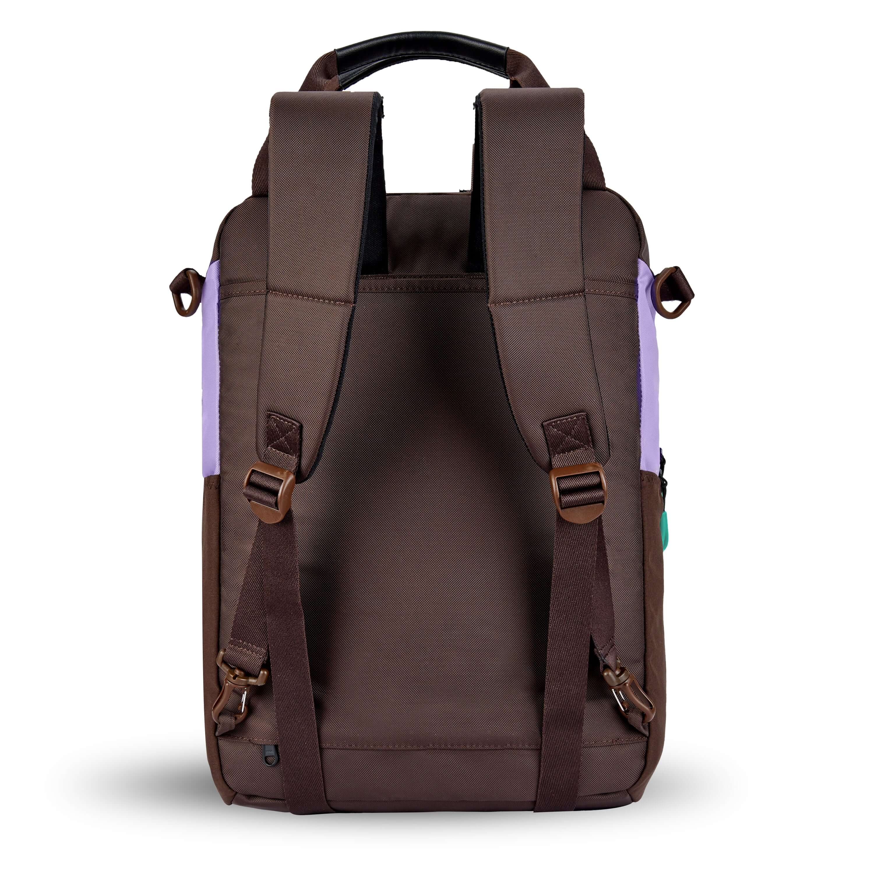 Back view of Sherpani&#39;s three-in-one bag, the Camden in Lavender. The back of the bag is entirely brown. An elastic water bottle holder sits on either side of the bag. The bag has padded/adjustable backpack straps and short tote handles fixed at the top.