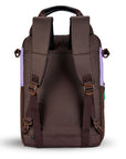 Back view of Sherpani's three-in-one bag, the Camden in Lavender. The back of the bag is entirely brown. An elastic water bottle holder sits on either side of the bag. The bag has padded/adjustable backpack straps and short tote handles fixed at the top.