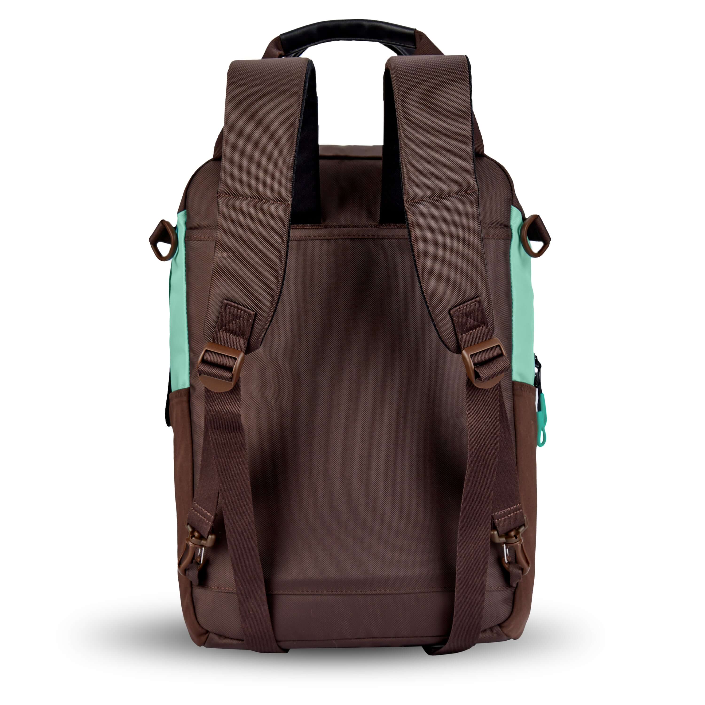 Back view of Sherpani's three-in-one bag, the Camden in Seagreen. The back of the bag is entirely brown. An elastic water bottle holder sits on either side of the bag. The bag has padded/adjustable backpack straps and short tote handles fixed at the top. 