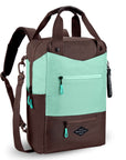 Angled front view of Sherpani's three-in-one bag, the Camden in Seagreen. The bag is two-toned in light green and brown. There are two external zipper pockets on the front panel with easy-pull zippers in light green. A branded Sherpani keychain is clipped to the upper right corner. An elastic water bottle holder sits on either side of the bag. The bag has an adjustable/detachable crossbody strap, padded/adjustable backpack straps and short tote handles fixed at the top.