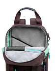 Front view of Sherpani's three-in-one bag, the Camden in Seagreen. The main zipper compartment is open to reveal a light gray interior with a padded laptop sleeve, zipper pocket and mesh pocket.