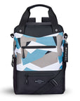Flat front view of Sherpani's three-in-one bag, the Camden in Summer Camo. The bag is two-toned in black and in a camouflage pattern of blue, grey and white. There are two external zipper pockets on the front panel with easy-pull zippers in black. A branded Sherpani keychain is clipped to the upper right corner. An elastic water bottle holder sits on either side of the bag. The bag has an adjustable/detachable crossbody strap, padded/adjustable backpack straps and short tote handles fixed at the top.
