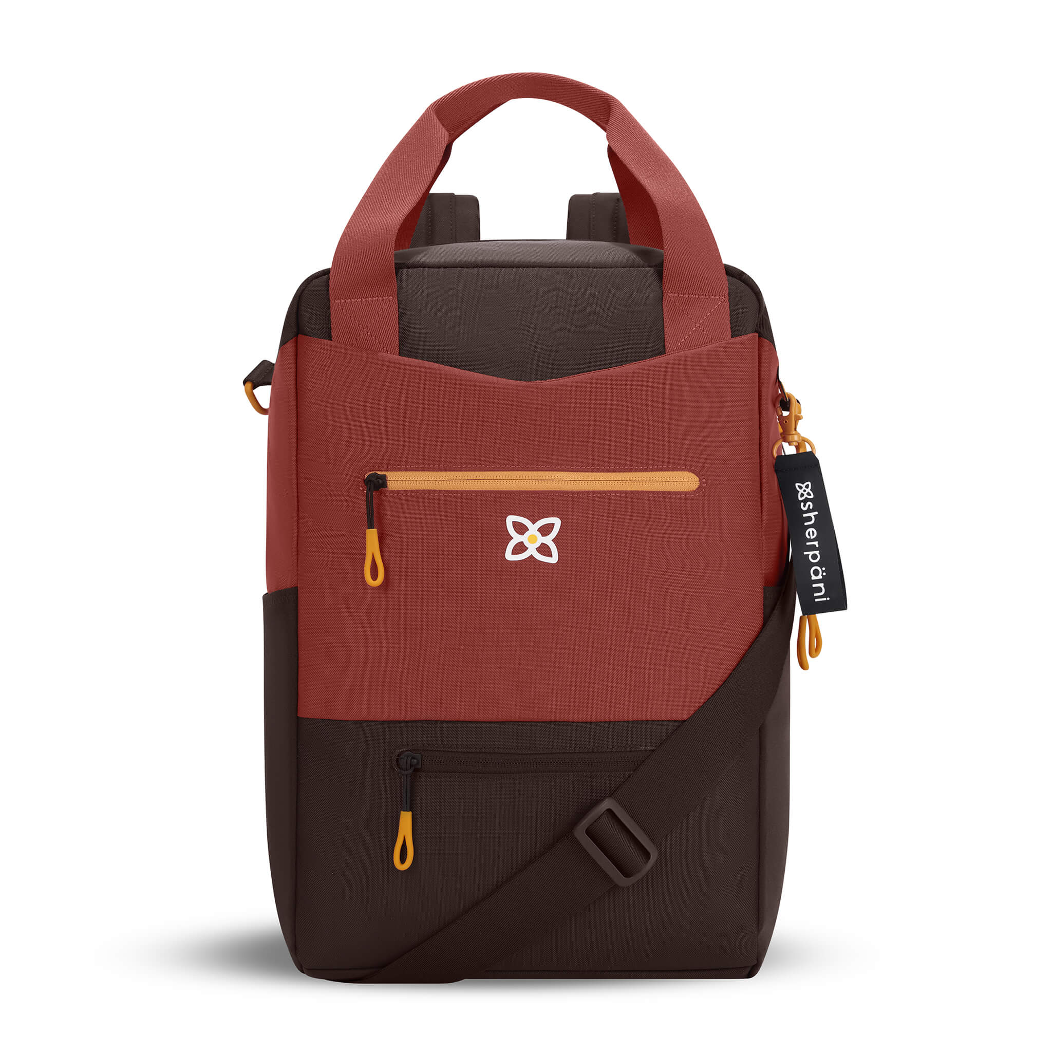 Flat front view of Sherpani convertible travel bag, the Camden in Cider. Camden features include adjustable backpack straps, adjustable crossbody strap, tote bag handles, upper zipper pocket, lower zipper pocket, padded laptop sleeve, three water bottle holders and luggage pass through feature. The Cider color is two tones in burgundy and brown with accents in yellow. 