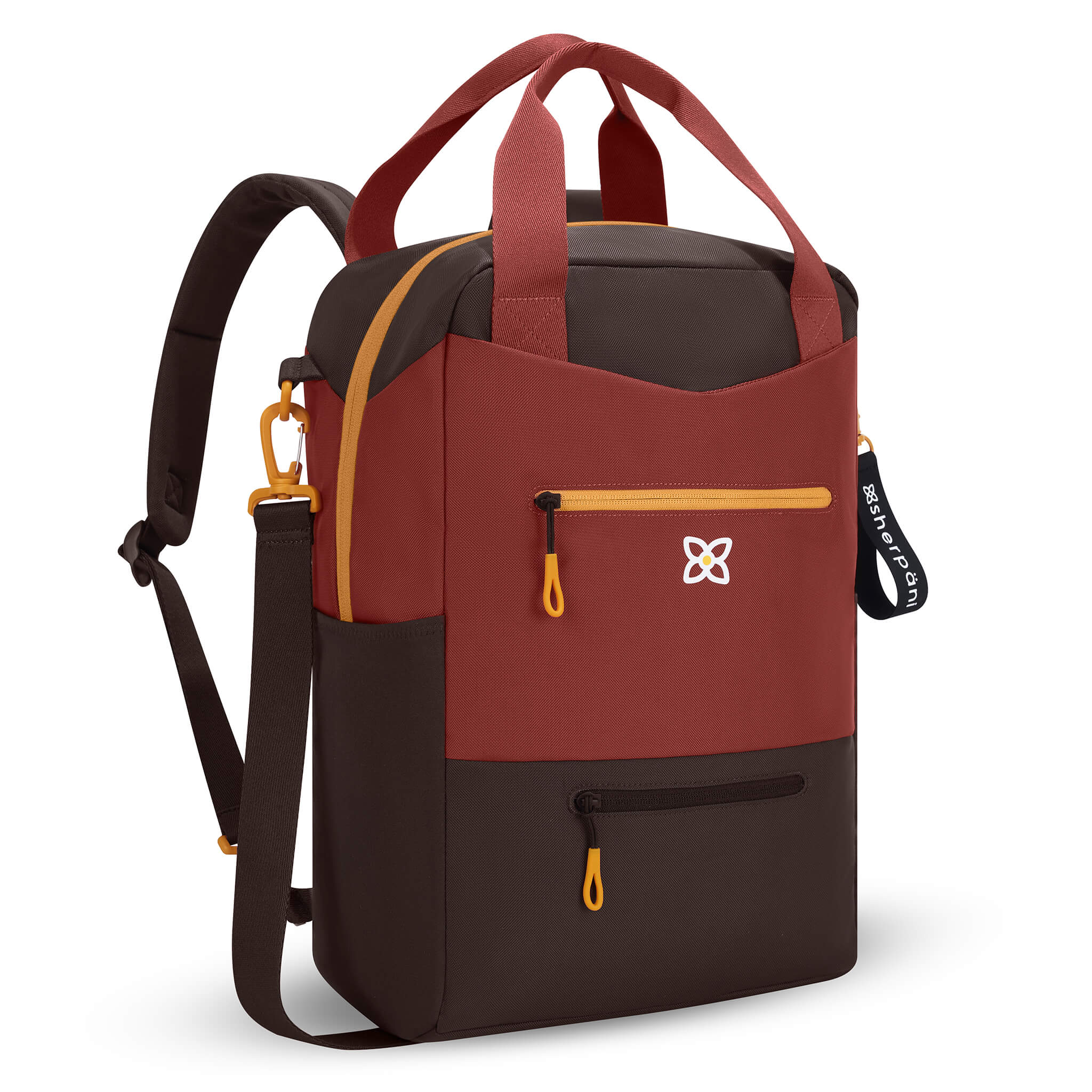Angled front view of Sherpani convertible travel bag, the Camden in Cider. Camden features include adjustable backpack straps, adjustable crossbody strap, tote bag handles, upper zipper pocket, lower zipper pocket, padded laptop sleeve, three water bottle holders and luggage pass through feature. The Cider color is two tones in burgundy and brown with accents in yellow. #color_cider