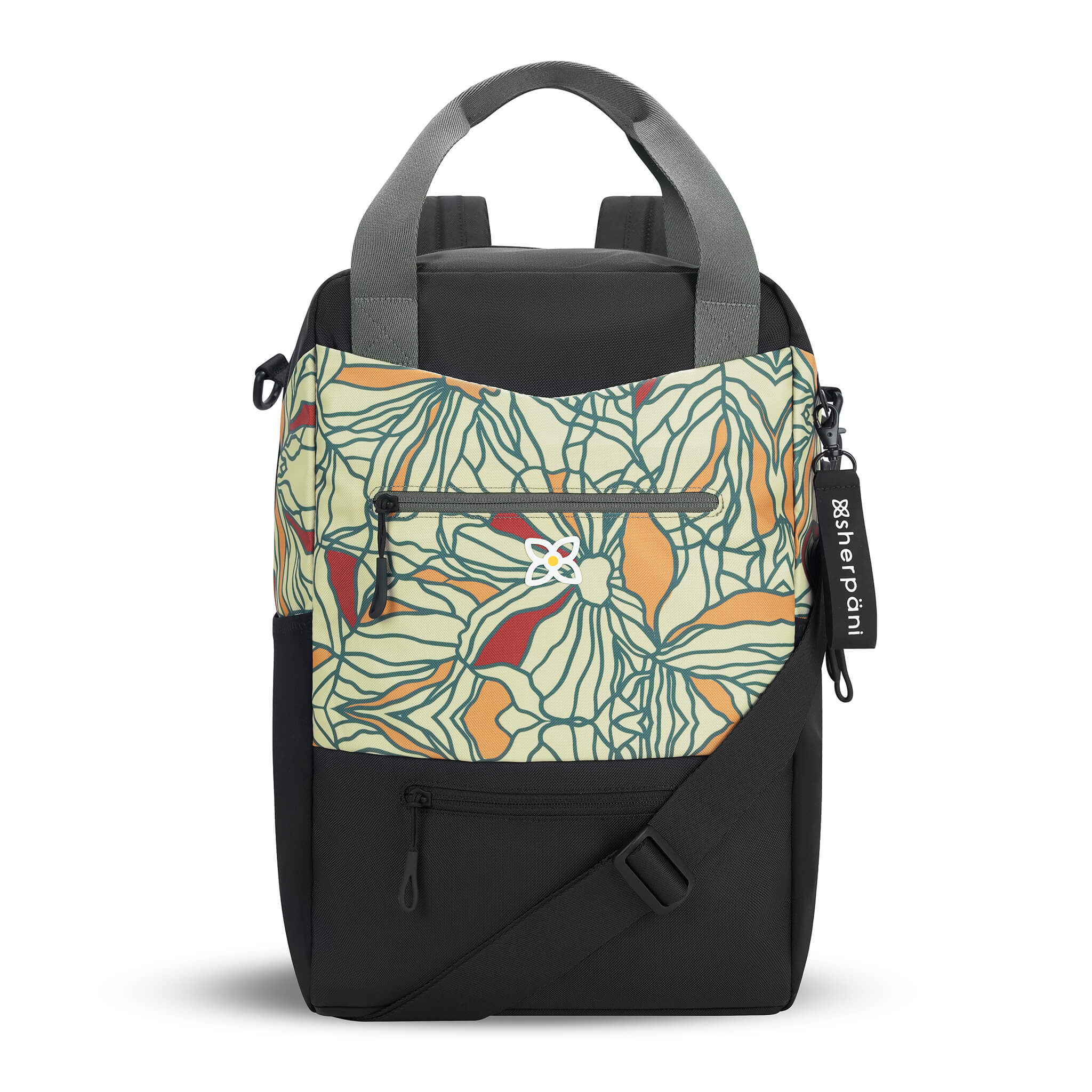 Flat front view of Sherpani convertible travel bag, the Camden in Fiori. Camden features include adjustable backpack straps, adjustable crossbody strap, tote bag handles, upper zipper pocket, lower zipper pocket, padded laptop sleeve, three water bottle holders and luggage pass through feature. The Fiori colorway is two-toned in black and a floral pattern in neutral colors with red accents. 