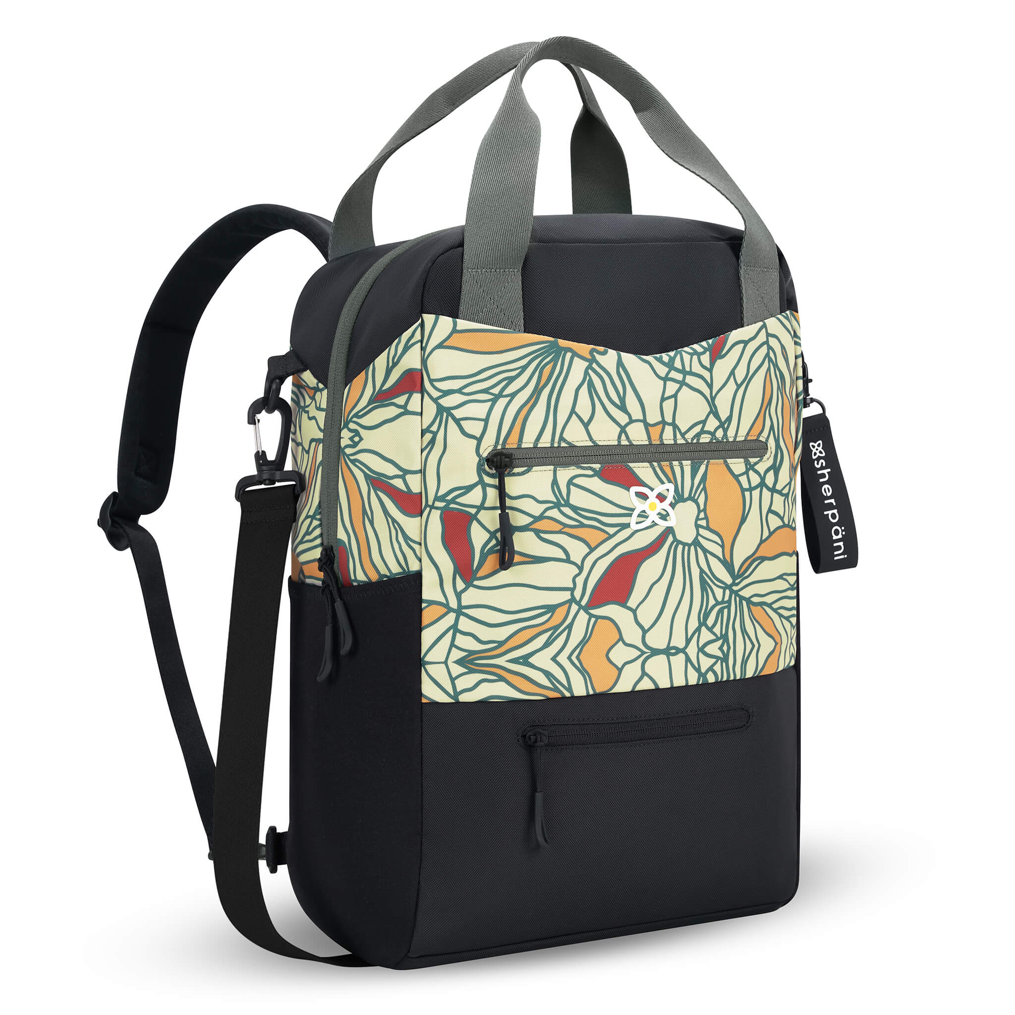 Angled front view of Sherpani convertible travel bag, the Camden in Fiori. Camden features include adjustable backpack straps, adjustable crossbody strap, tote bag handles, upper zipper pocket, lower zipper pocket, padded laptop sleeve, three water bottle holders and luggage pass through feature. The Fiori colorway is two-toned in black and a floral pattern in neutral colors with red accents. #color_fiori