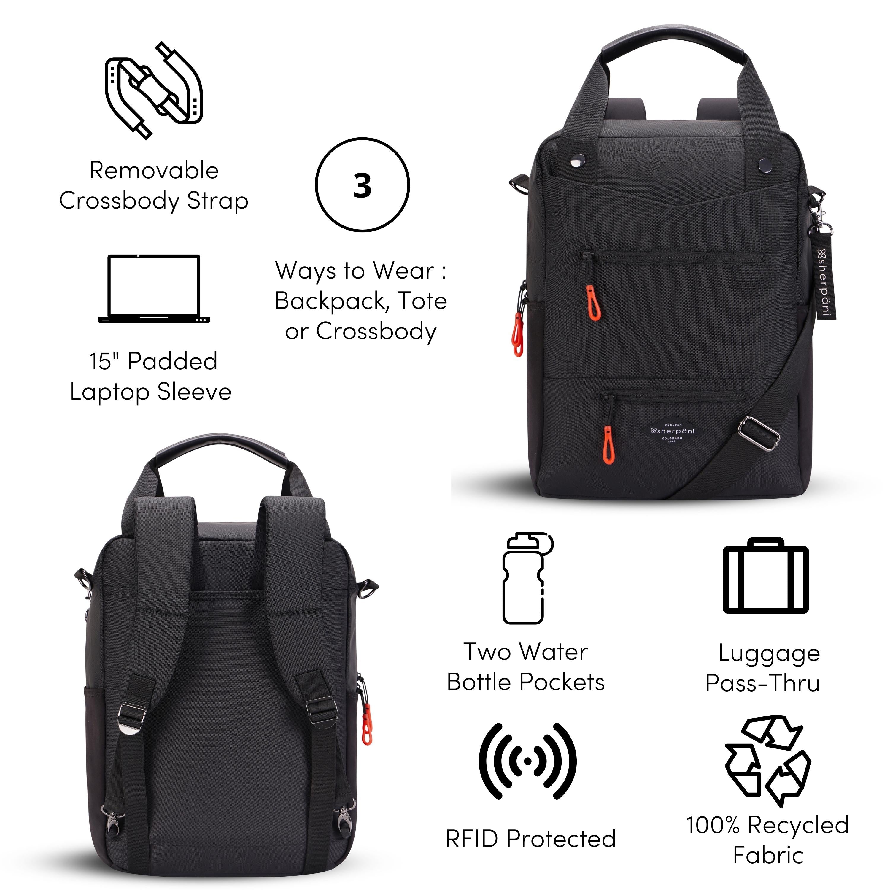 A Graphic showing the features of Sherpani’s three-in-one bag, the Camden in Raven. There is a front and back view of the bag. The following features are highlighted with corresponding graphics: Removable Crossbody Strap, 15&quot; Padded Laptop Sleeve, Three Ways to Wear: Backpack, Tote or Crossbody, Two Water Bottle Pockets, RFID Protected, Luggage Pass-Thru, 100% Recycled Fabric