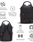 A Graphic showing the features of Sherpani’s three-in-one bag, the Camden in Raven. There is a front and back view of the bag. The following features are highlighted with corresponding graphics: Removable Crossbody Strap, 15" Padded Laptop Sleeve, Three Ways to Wear: Backpack, Tote or Crossbody, Two Water Bottle Pockets, RFID Protected, Luggage Pass-Thru, 100% Recycled Fabric