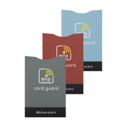 Sherpani set of three card guards with built-in RFID security. Each individual credit card sleeve is a different color: Maui Blue, Cider and Juniper.