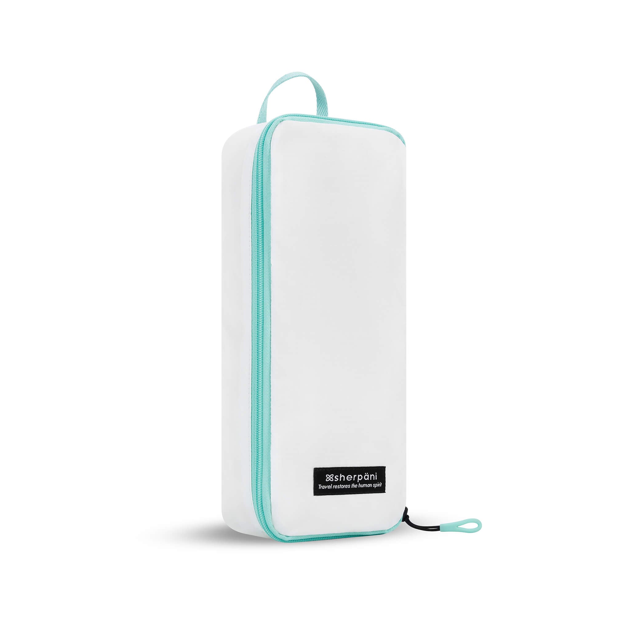 Angled front view of Compass Packing Cube in small size. The cube is white with zipper and handle accented in aqua.