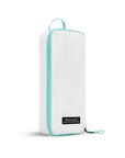 Angled front view of Compass Packing Cube in small size. The cube is white with zipper and handle accented in aqua.