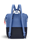Back view of Sherpani three-in-one bag, the Dispatch in Pacific Blue. The detachable straps are shown in the backpack style.