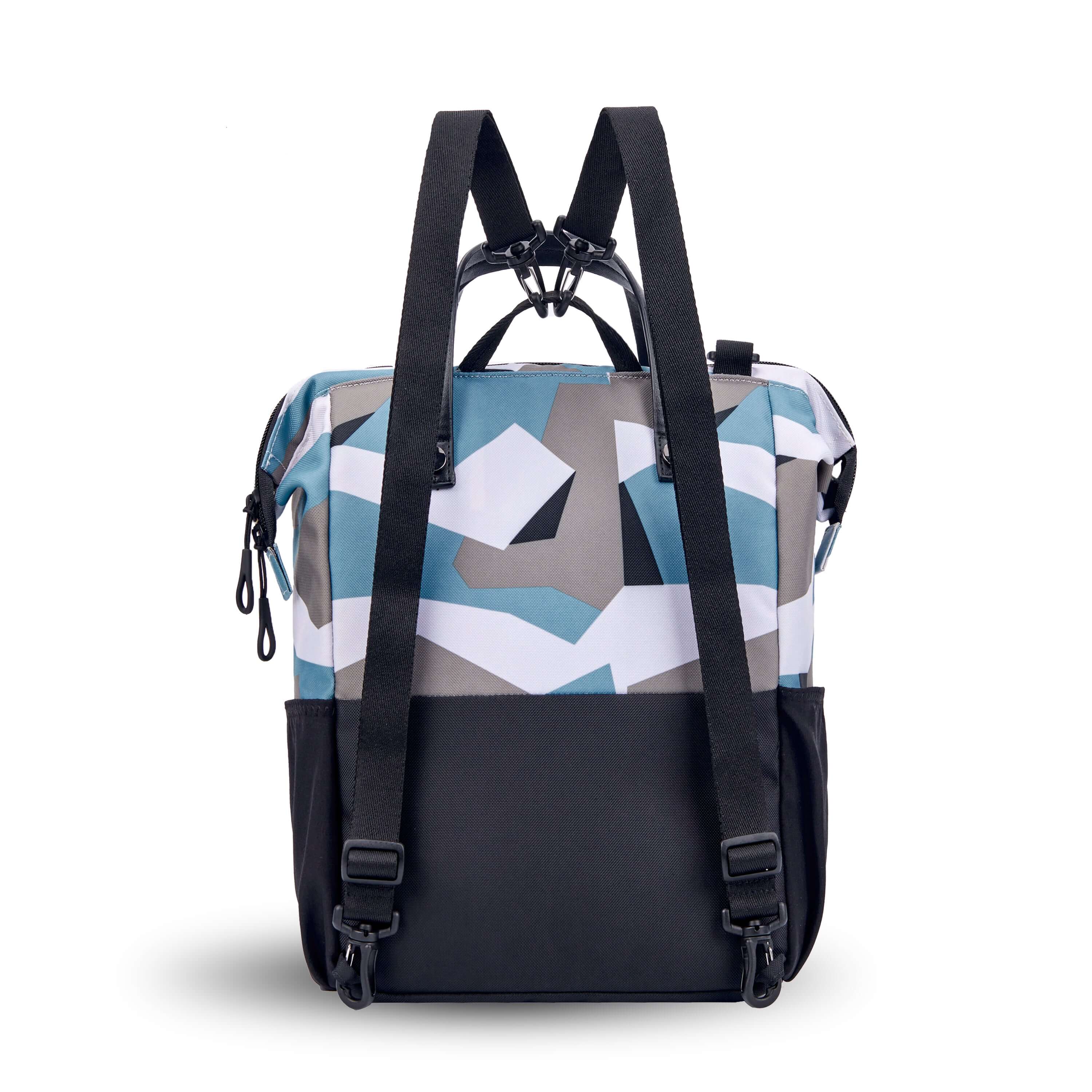 Back view of Sherpani three-in-one bag, the Dispatch in Summer Camo. The detachable straps are shown in the backpack style.
