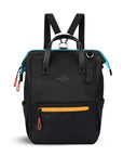 Flat front view of Sherpani three-in-one bag, the Dispatch in Chromatic. The bag is mostly black with yellow and blue accents. There is an external zipper pocket on the front panel. Easy-pull zippers are accented in red. A branded Sherpani keychain is clipped to the upper right corner. Elastic water bottle holders sit on either side of the bag. It has short tote handles and adjustable/detachable straps that can function for a backpack or crossbody.