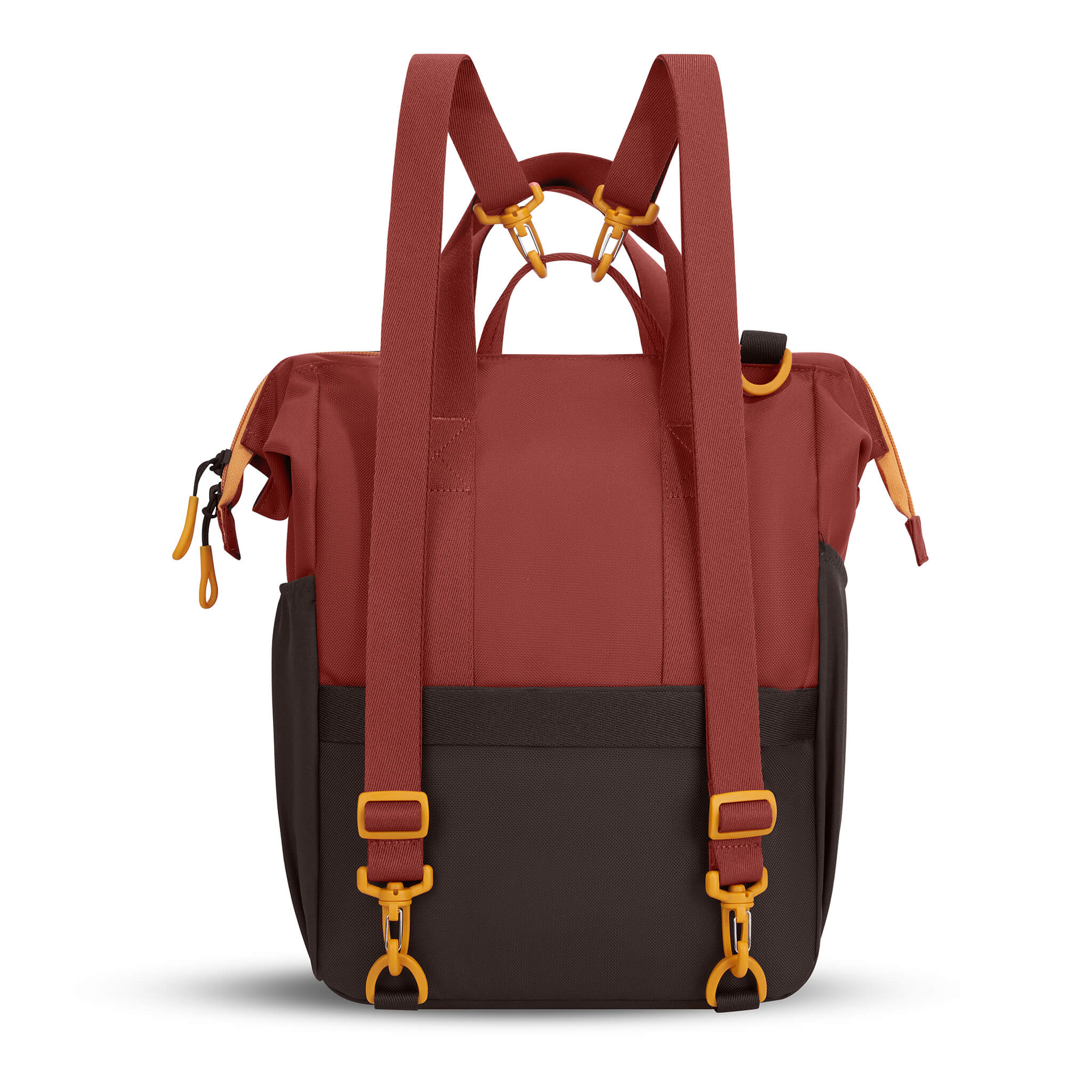 Back view of Sherpani convertible travel bag, the Dispatch in Cider. Dispatch features include external zipper pocket, three water bottle holders, fixed tote handles, removable straps, detachable straps, adjustable straps, padded laptop sleeve and a doctor bag opening. The Cider color is two-toned in burgundy and dark brown with accents in yellow. 