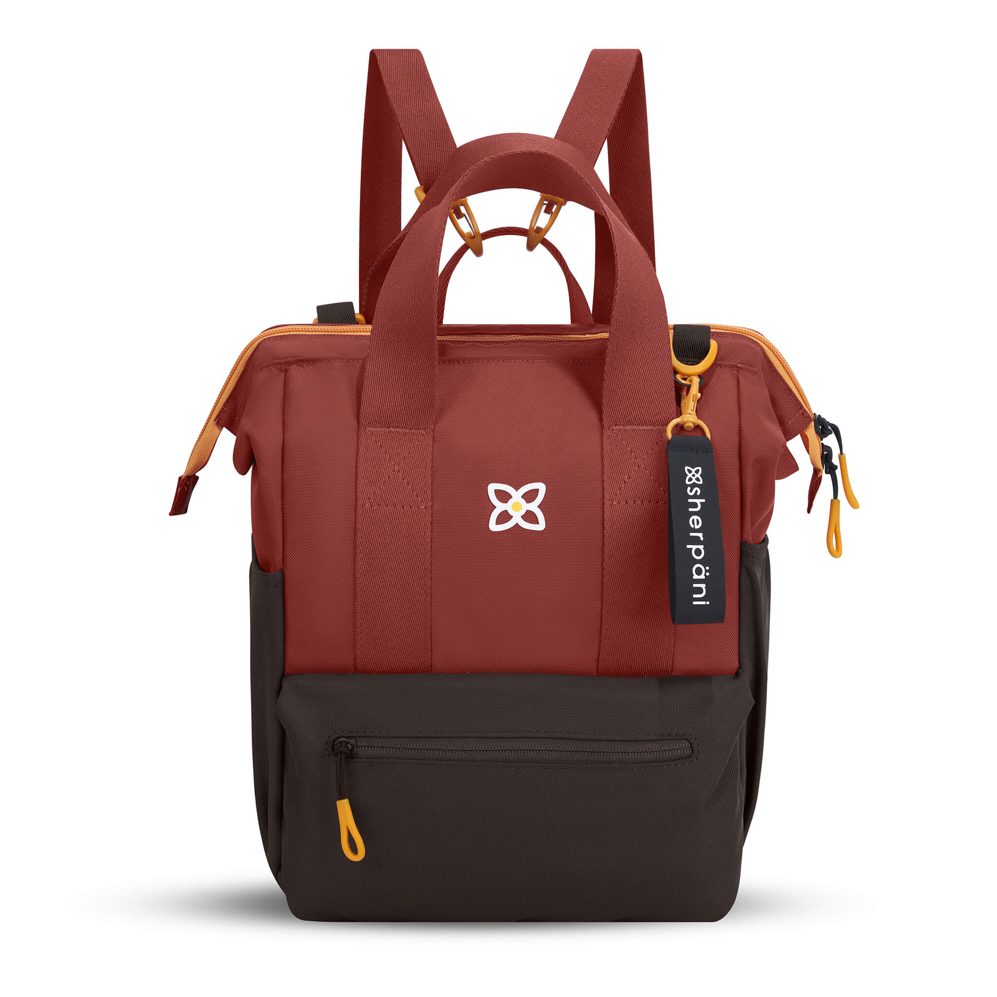 Flat front view of Sherpani convertible travel bag, the Dispatch in Cider. Dispatch features include external zipper pocket, three water bottle holders, fixed tote handles, removable straps, detachable straps, adjustable straps, padded laptop sleeve and a doctor bag opening. The Cider color is two-toned in burgundy and dark brown with accents in yellow. 