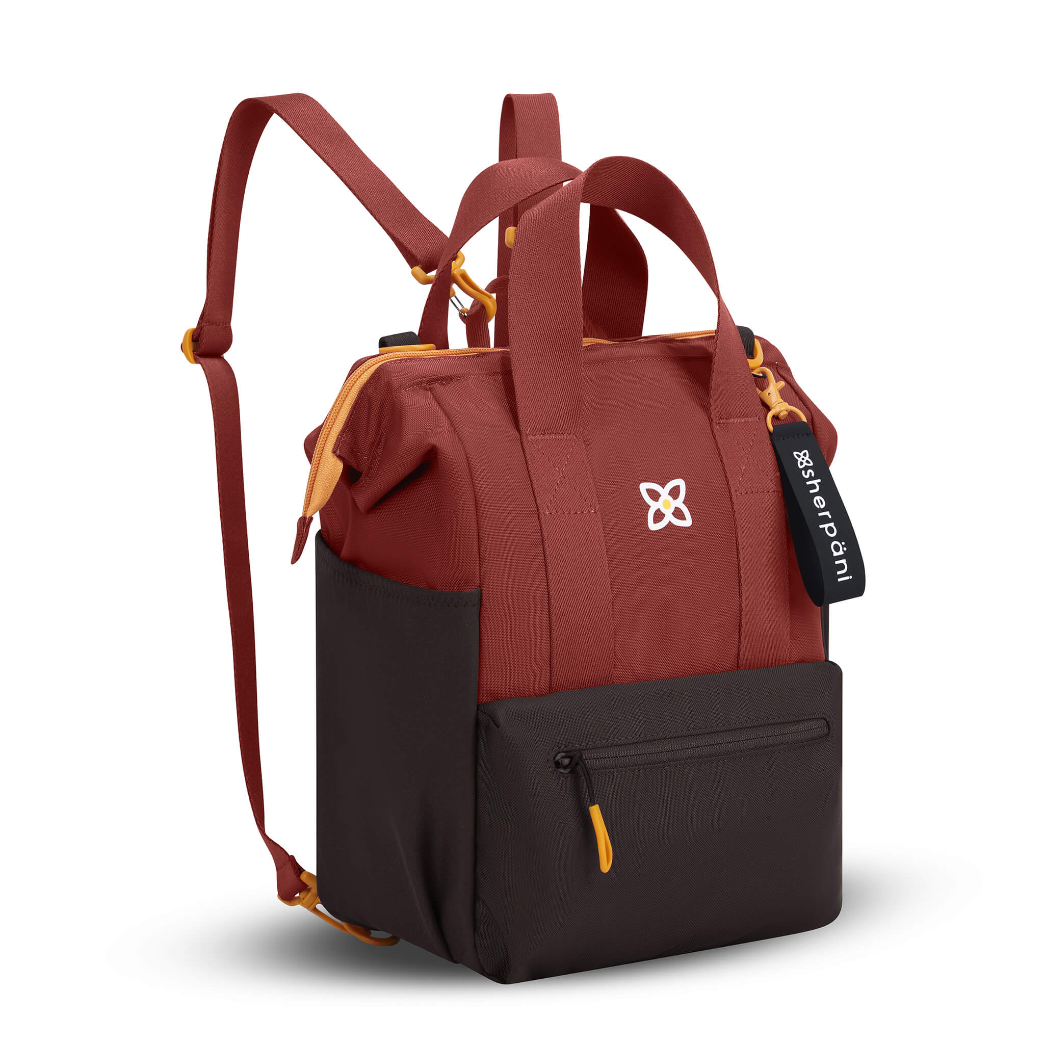 Angled front view of Sherpani convertible travel bag, the Dispatch in Cider. Dispatch features include external zipper pocket, three water bottle holders, fixed tote handles, removable straps, detachable straps, adjustable straps, padded laptop sleeve and a doctor bag opening. The Cider color is two-toned in burgundy and dark brown with accents in yellow.