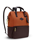 Angled front view of Sherpani three-in-one bag, the Dispatch in Clay. The bag is two-toned: the top is orange and the bottom is brown. There is an external zipper pocket on the front panel. Easy-pull zippers are accented in lime green. A branded Sherpani keychain is clipped to the upper right corner. Elastic water bottle holders sit on either side of the bag. It has short tote handles and adjustable/detachable straps that can function for a backpack or crossbody.