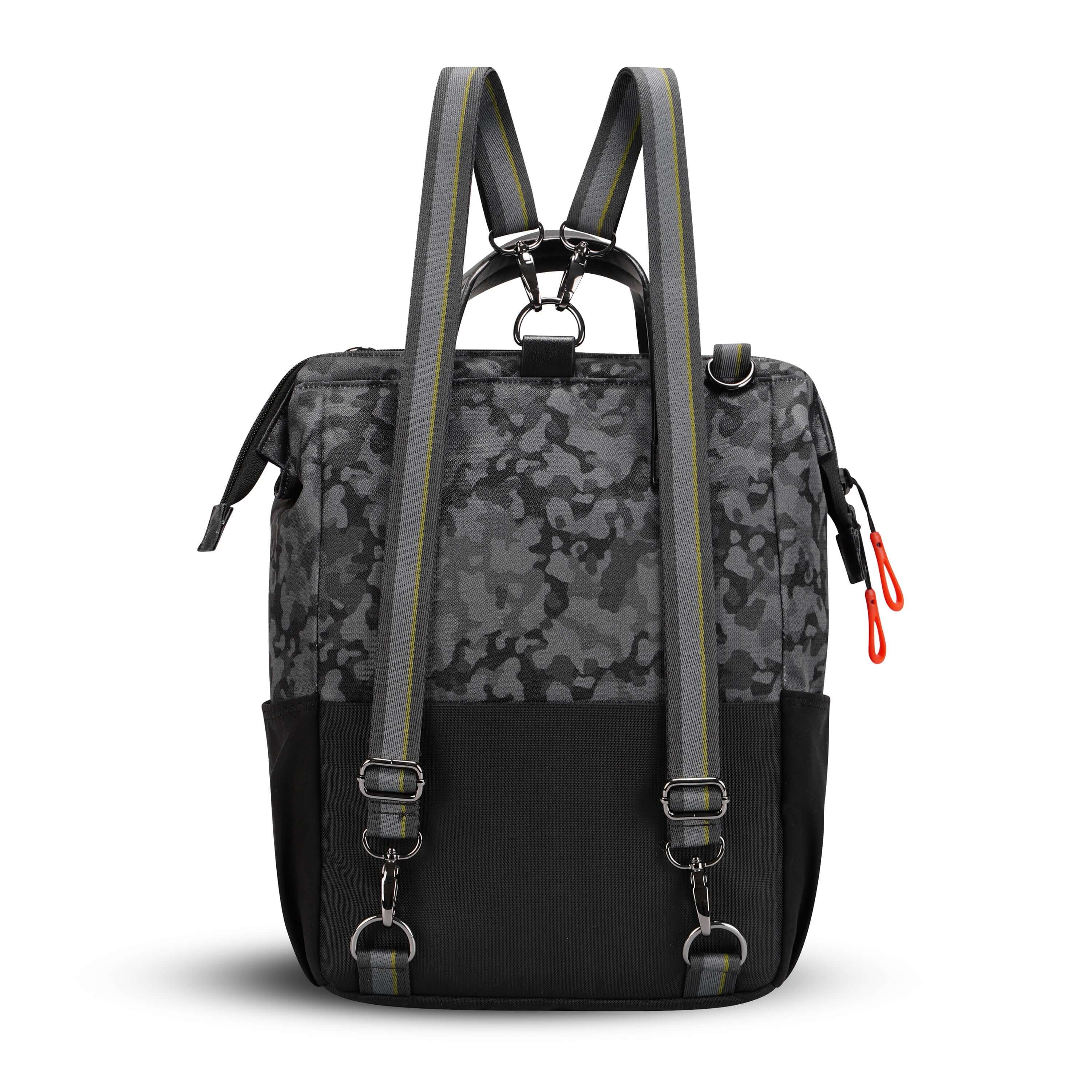 Back view of Sherpani three-in-one bag, the Dispatch in Dream Camo. The detachable straps are shown in the backpack style. 