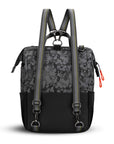 Back view of Sherpani three-in-one bag, the Dispatch in Dream Camo. The detachable straps are shown in the backpack style.