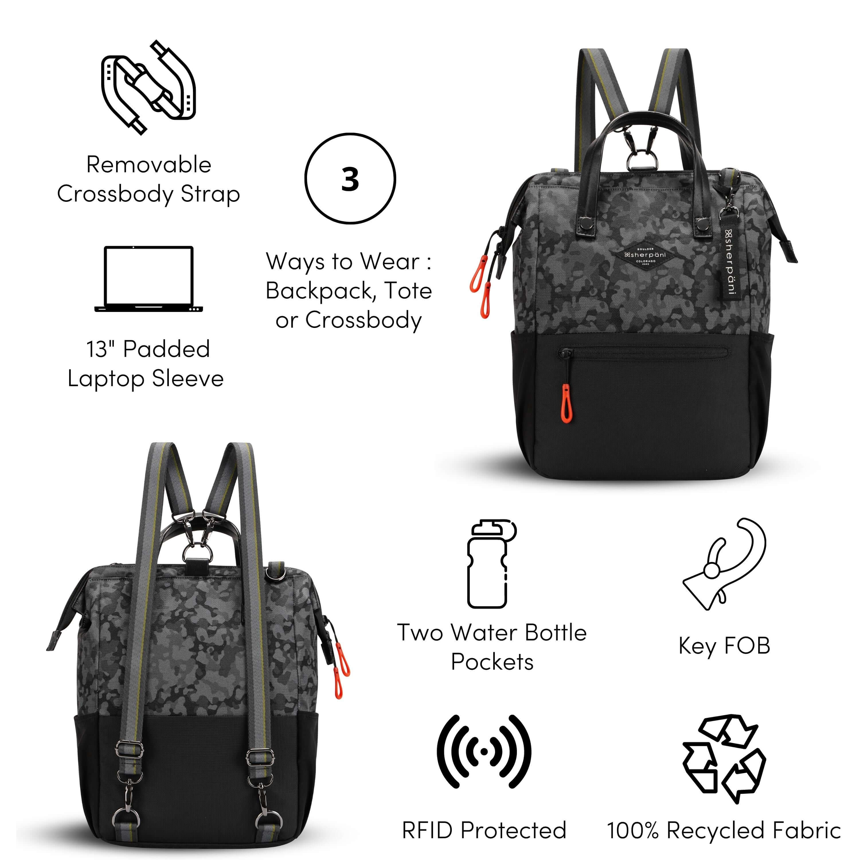 A Graphic showing the features of Sherpani’s crossbody, the Dispatch. There is a front and back view of the bag. The following features are highlighted with corresponding graphics: Removable Crossbody Strap, 13" Padded Laptop Sleeve, 3 Ways to Wear: Backpack, Tote or Crossbody, Two Water Bottle Pockets, Key FOB, RFID Protected, 100% Recycled Fabric. 