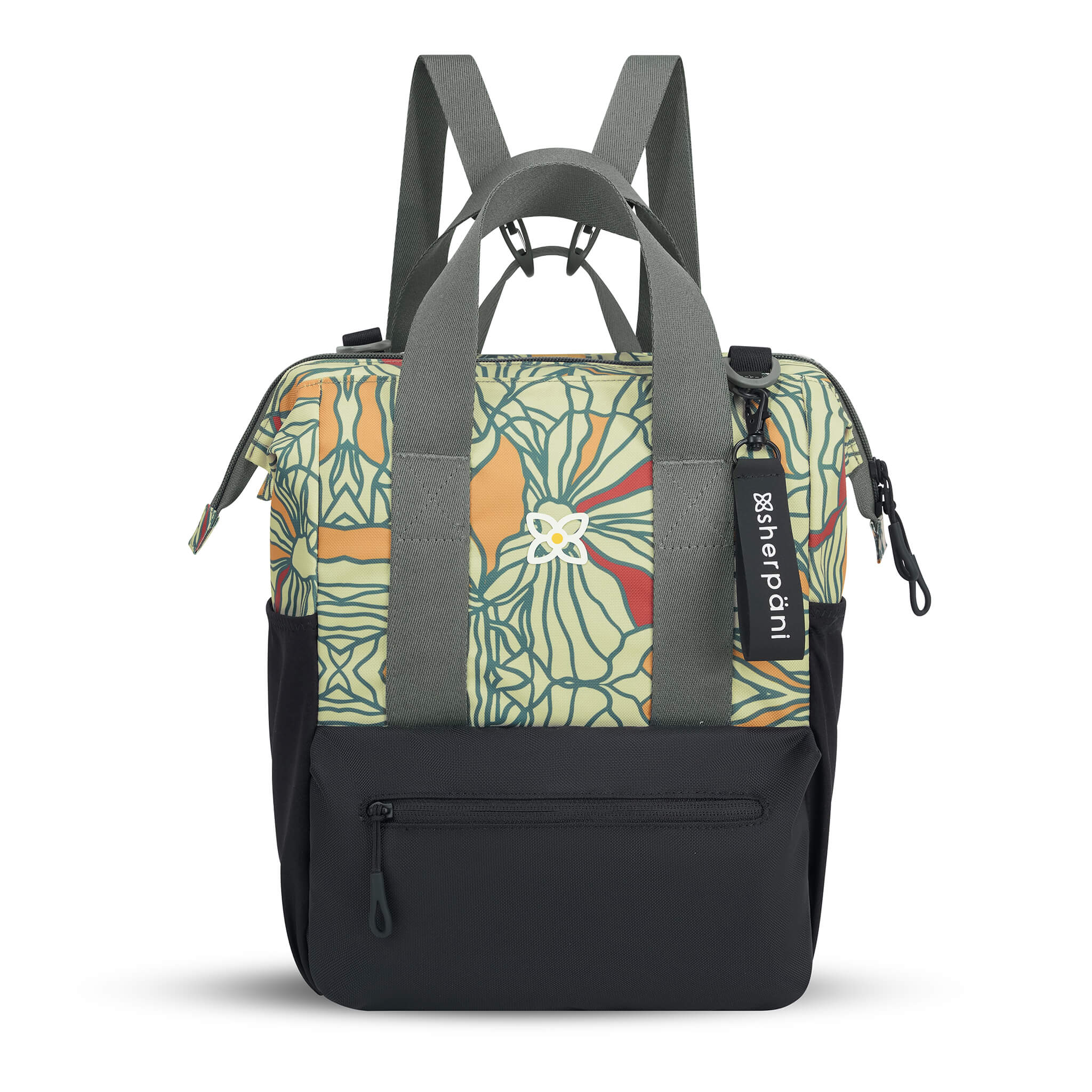 Flat front view of Sherpani convertible travel bag, the Dispatch in Fiori. Dispatch features include external zipper pocket, three water bottle holders, fixed tote handles, removable straps, detachable straps, adjustable straps, padded laptop sleeve and a doctor bag opening. The Fiori colorway is two-toned in black and a floral pattern with red accents. 