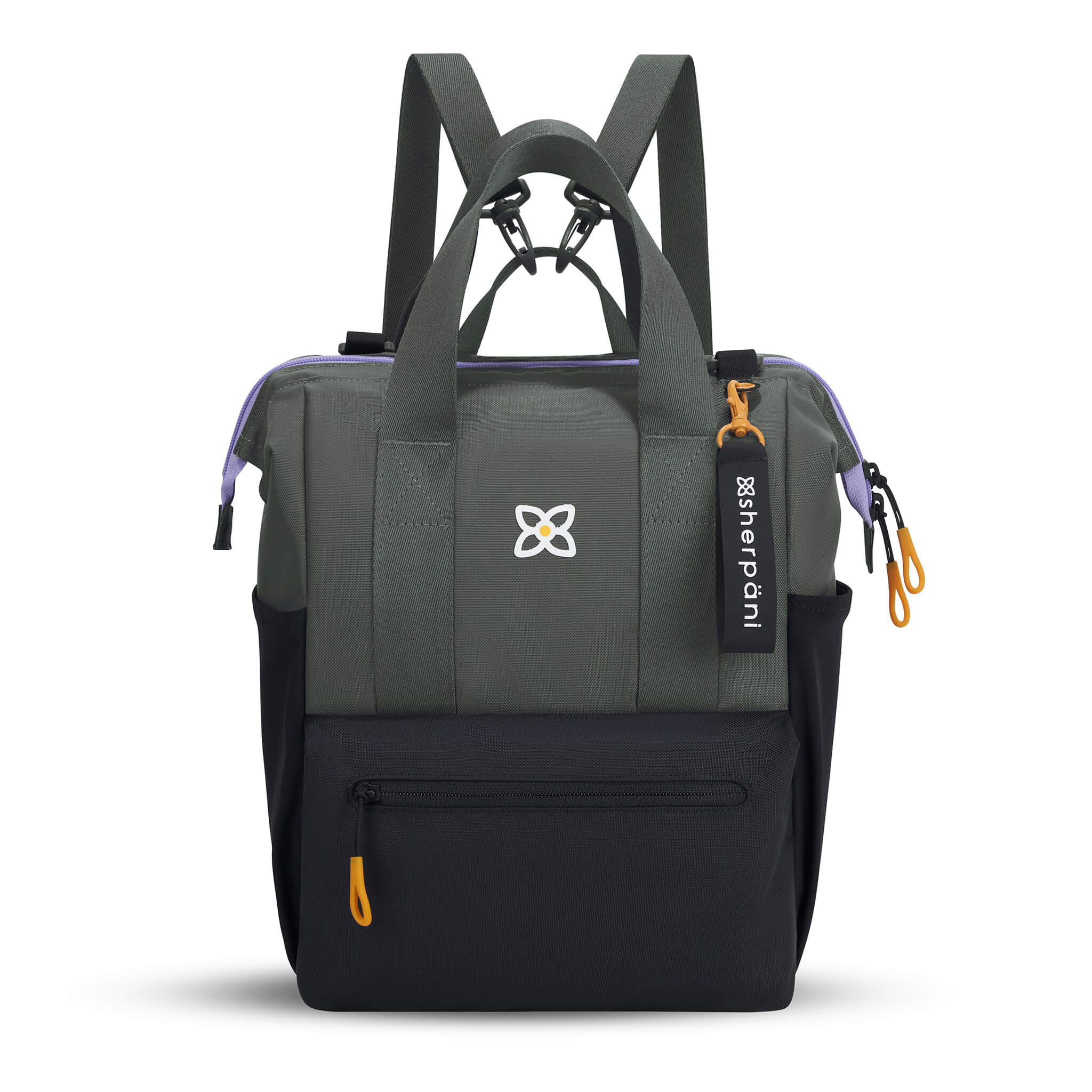 Flat front view of Sherpani convertible travel bag, the Dispatch in Juniper. Dispatch features include external zipper pocket, three water bottle holders, fixed tote handles, removable straps, detachable straps, adjustable straps, padded laptop sleeve and a doctor bag opening. The Juniper color is two-toned in black and gray with accents in yellow and lilac. 