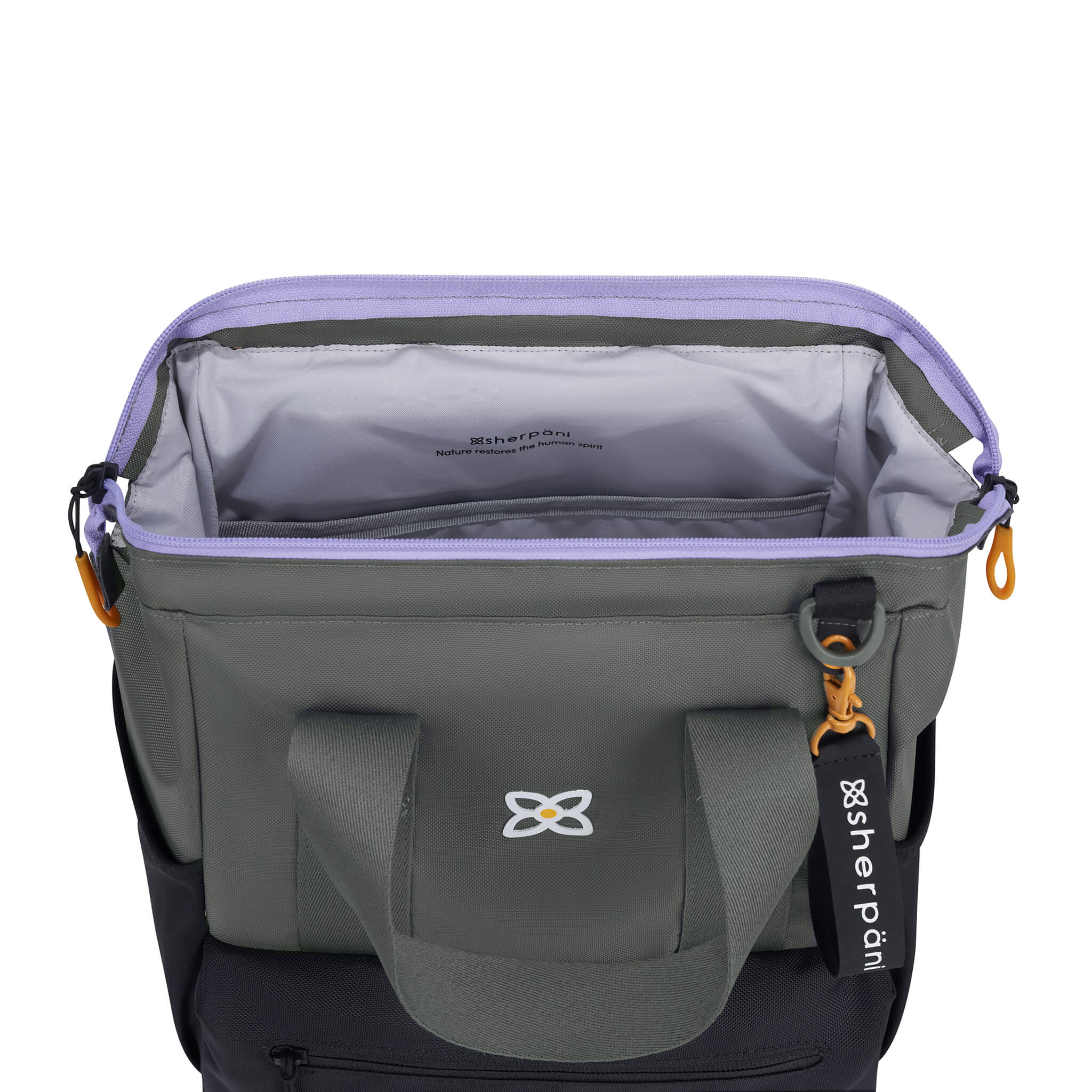 Inside view of Sherpani travel bag, the Dispatch. The main bag compartment features a rectangular frame and doctor bag style opening so you can see right to the bottom. 