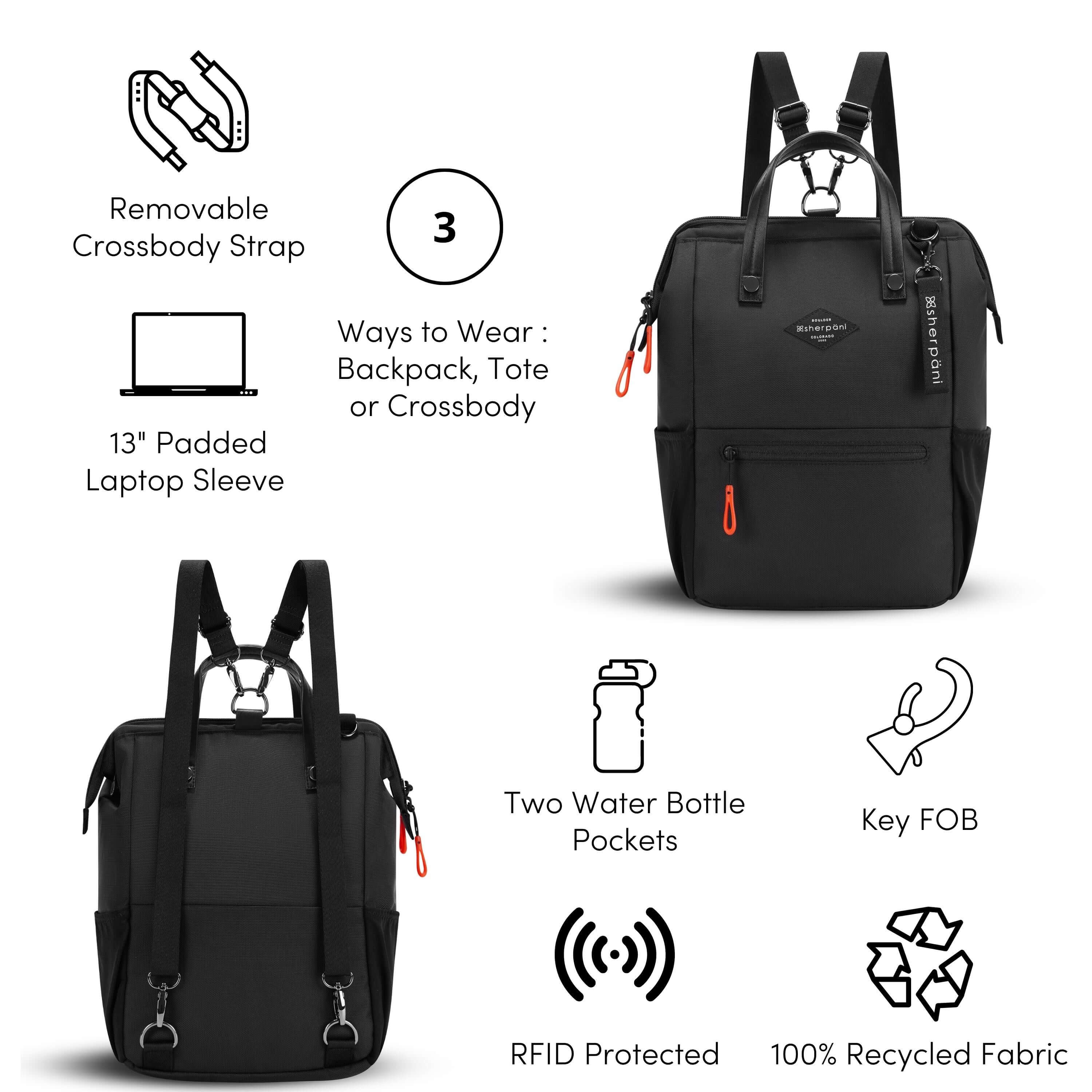 A Graphic showing the features of Sherpani’s crossbody, the Dispatch. There is a front and back view of the bag. The following features are highlighted with corresponding graphics: Removable Crossbody Strap, 13" Padded Laptop Sleeve, 3 Ways to Wear: Backpack, Tote or Crossbody, Two Water Bottle Pockets, Key FOB, RFID Protected, 100% Recycled Fabric. 