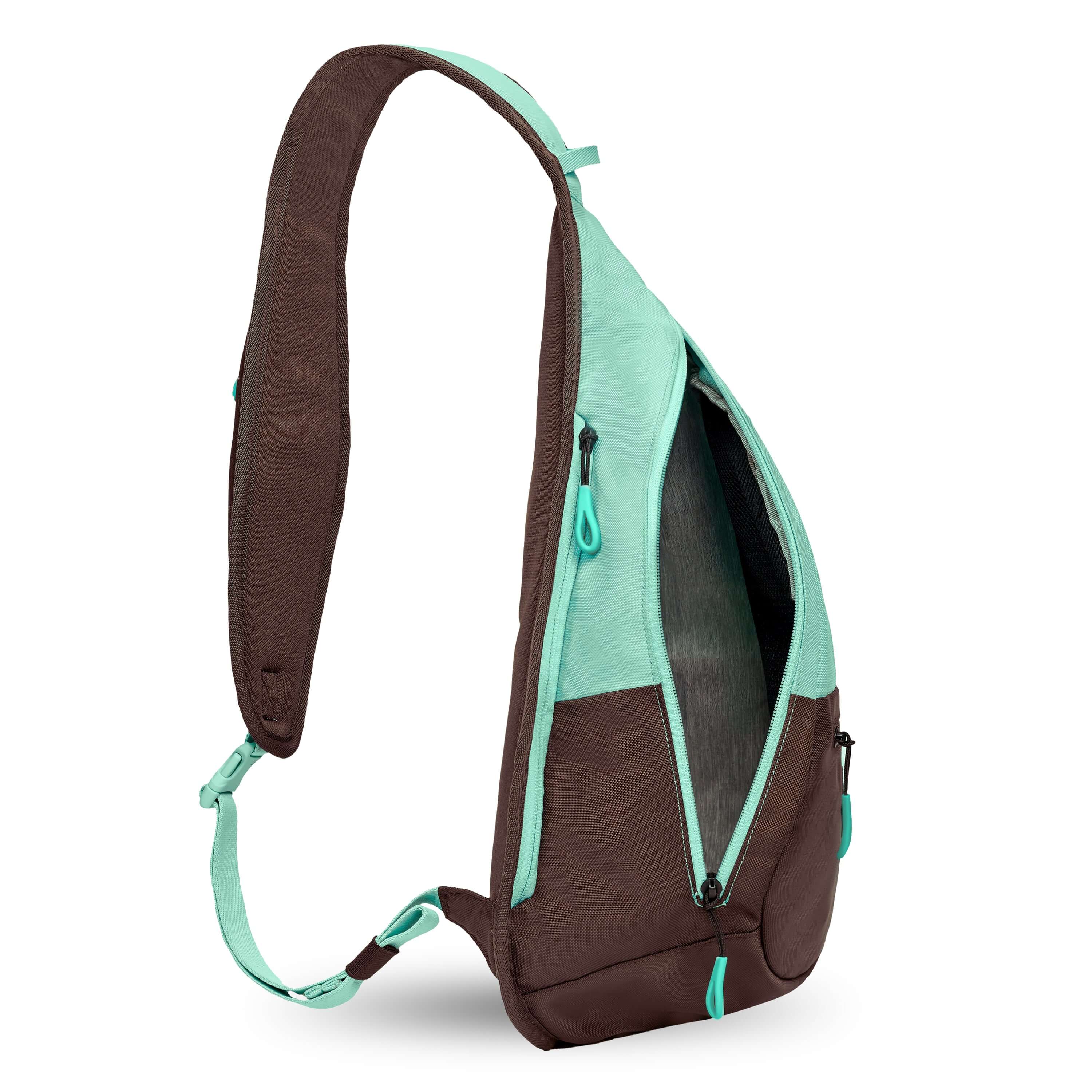 Side view of Sherpani's bag, the Esprit in Seagreen. The main zipper compartment is open to reveal a light gray interior. 