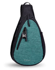 Flat front view of Sherpani's Anti-Theft bag, the Esprit AT in Teal, with vegan leather accents in black. There is a locking zipper compartment on the front, and two more zipper compartments on the side. An elastic water bottle holder sits on the other side of the bag.