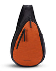 Flat front view of Sherpani's Anti-Theft bag, the Esprit AT in Copper, with vegan leather accents in black. There is a locking zipper compartment on the front, and two more zipper compartments on the side. An elastic water bottle holder sits on the other side of the bag.