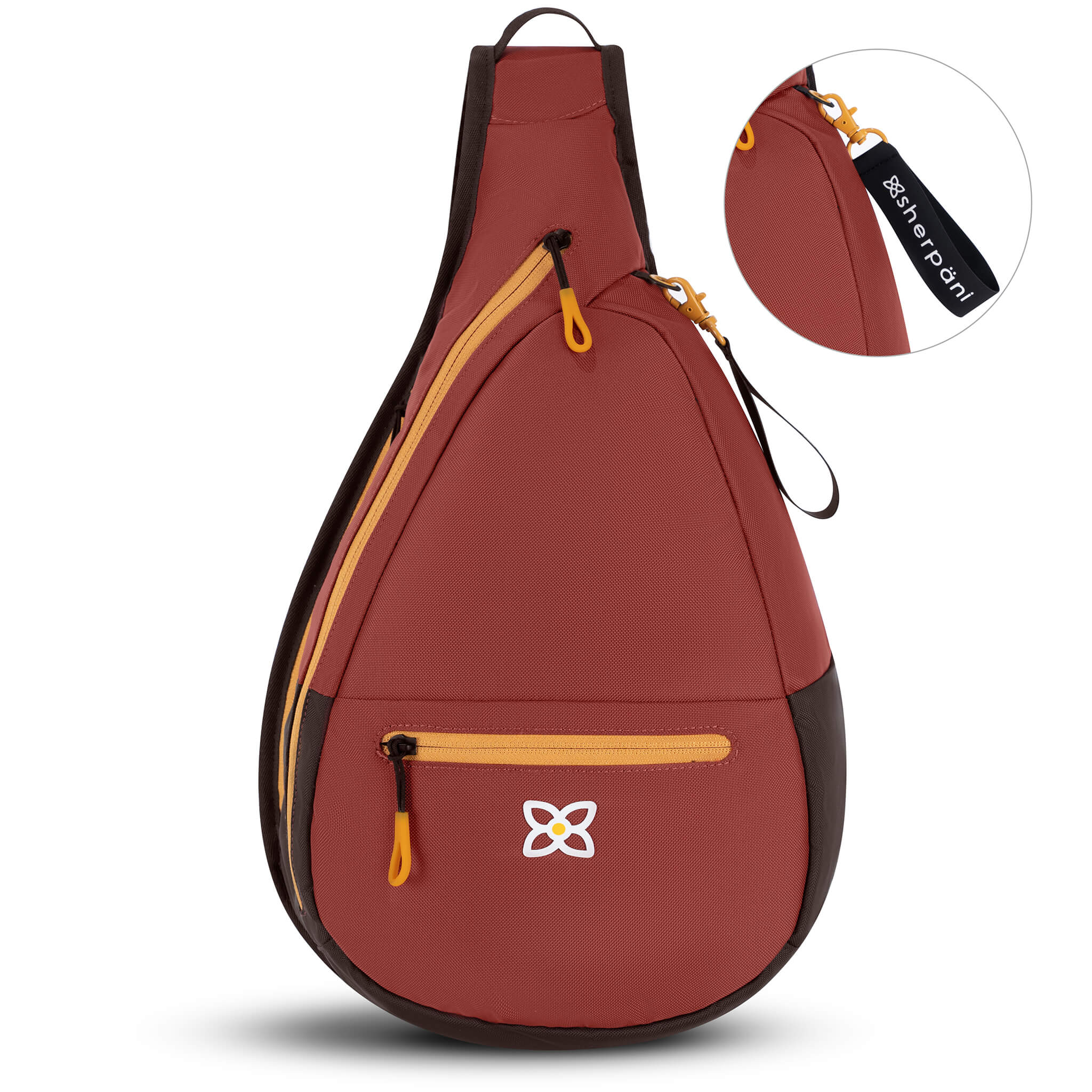 Flat front view of Sherpani sling backpack for women, the Esprit in Cider. Esprit features include front zipper pocket, side zipper pocket, inside mesh pocket, RFID blocking, detachable key chain and an adjustable sling strap. The Cider color is two-toned in burgundy and dark brown with yellow accents.