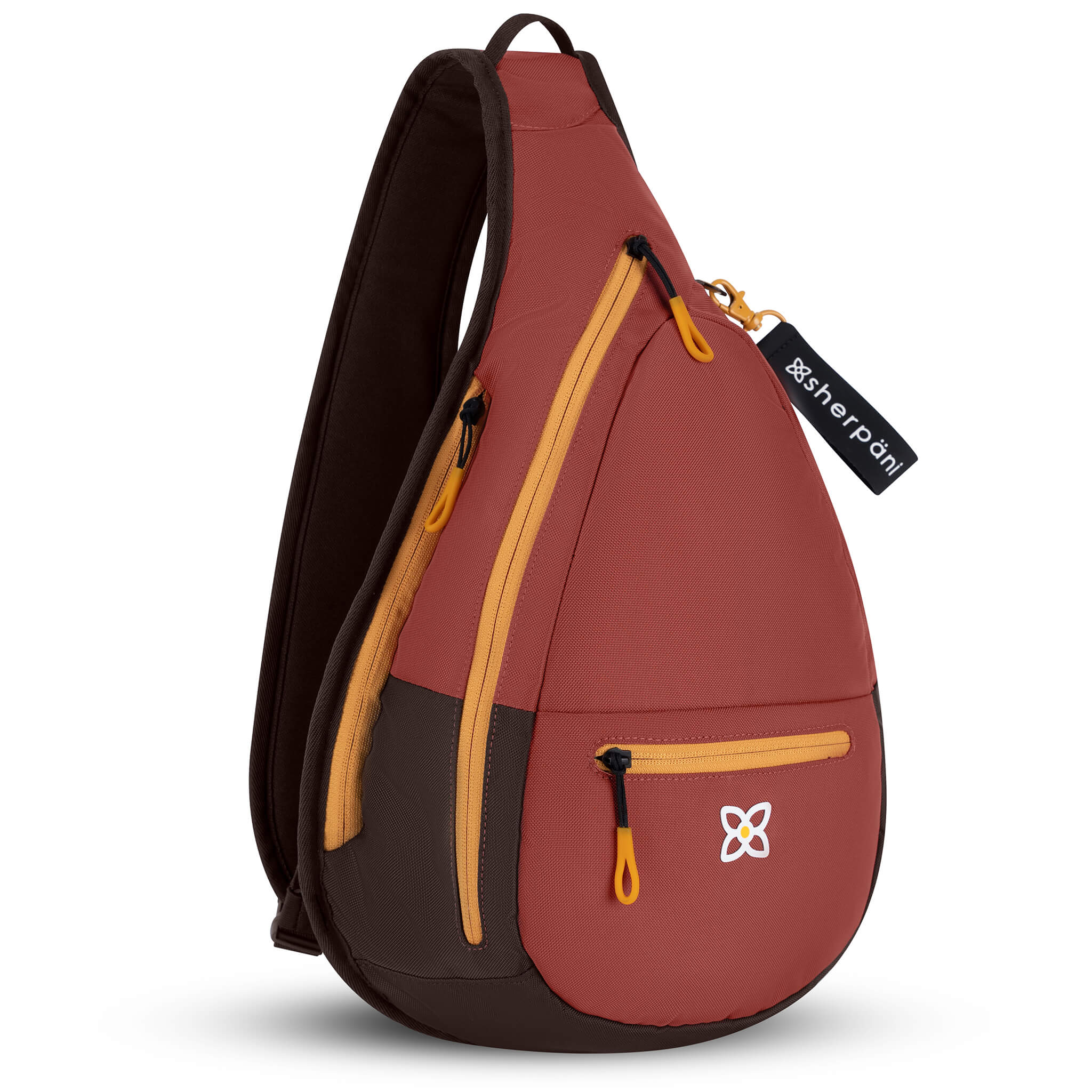 Angled front view of Sherpani sling backpack for women, the Esprit in Cider. Esprit features include front zipper pocket, side zipper pocket, inside mesh pocket, RFID blocking, detachable key chain and an adjustable sling strap. The Cider color is two-toned in burgundy and dark brown with yellow accents.