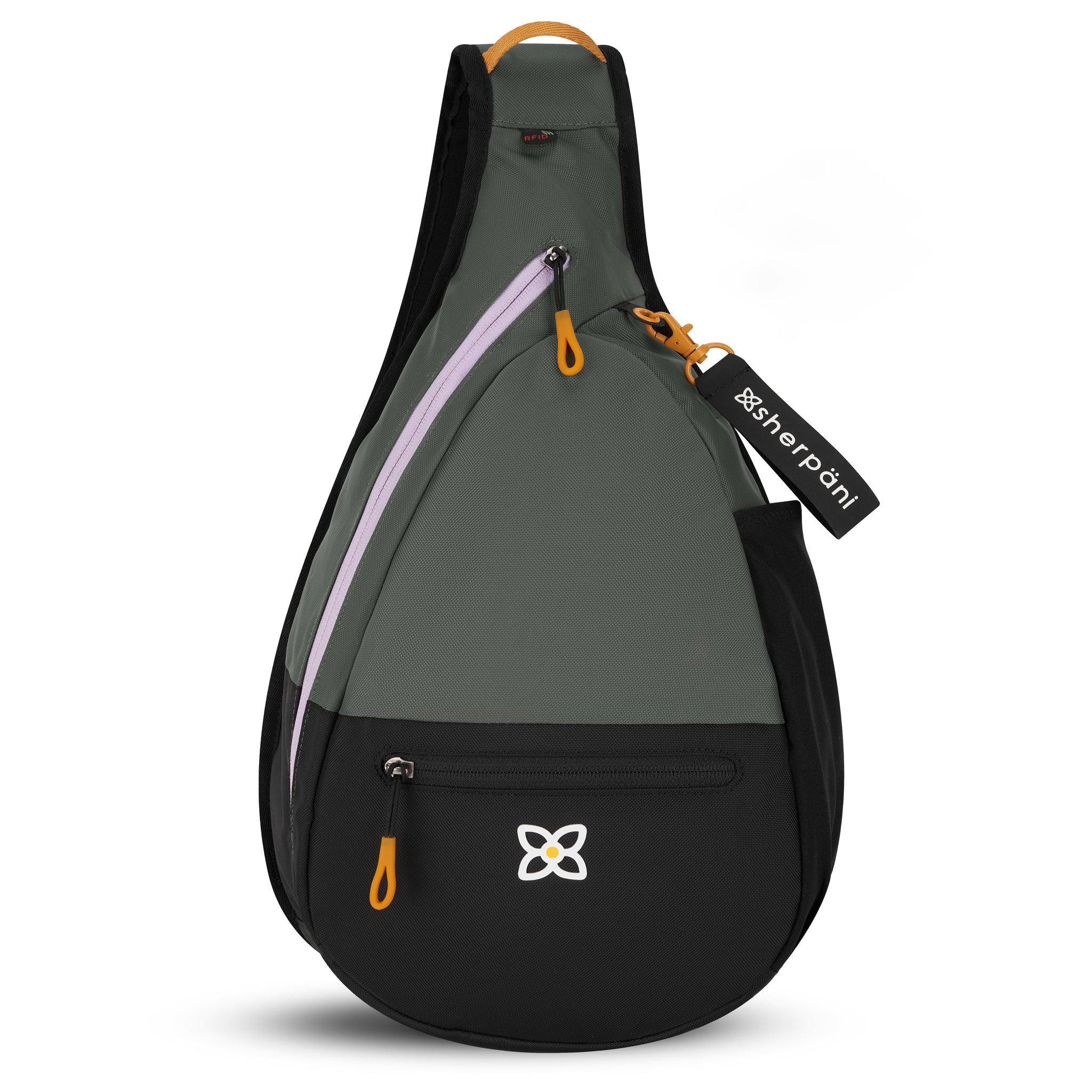 Flat front view of Sherpani sling backpack for women, the Esprit in Juniper. Esprit features include front zipper pocket, side zipper pocket, inside mesh pocket, RFID blocking, detachable key chain and an adjustable sling strap. The Juniper color is two-toned in black and gray with accents in lavender and yellow. 