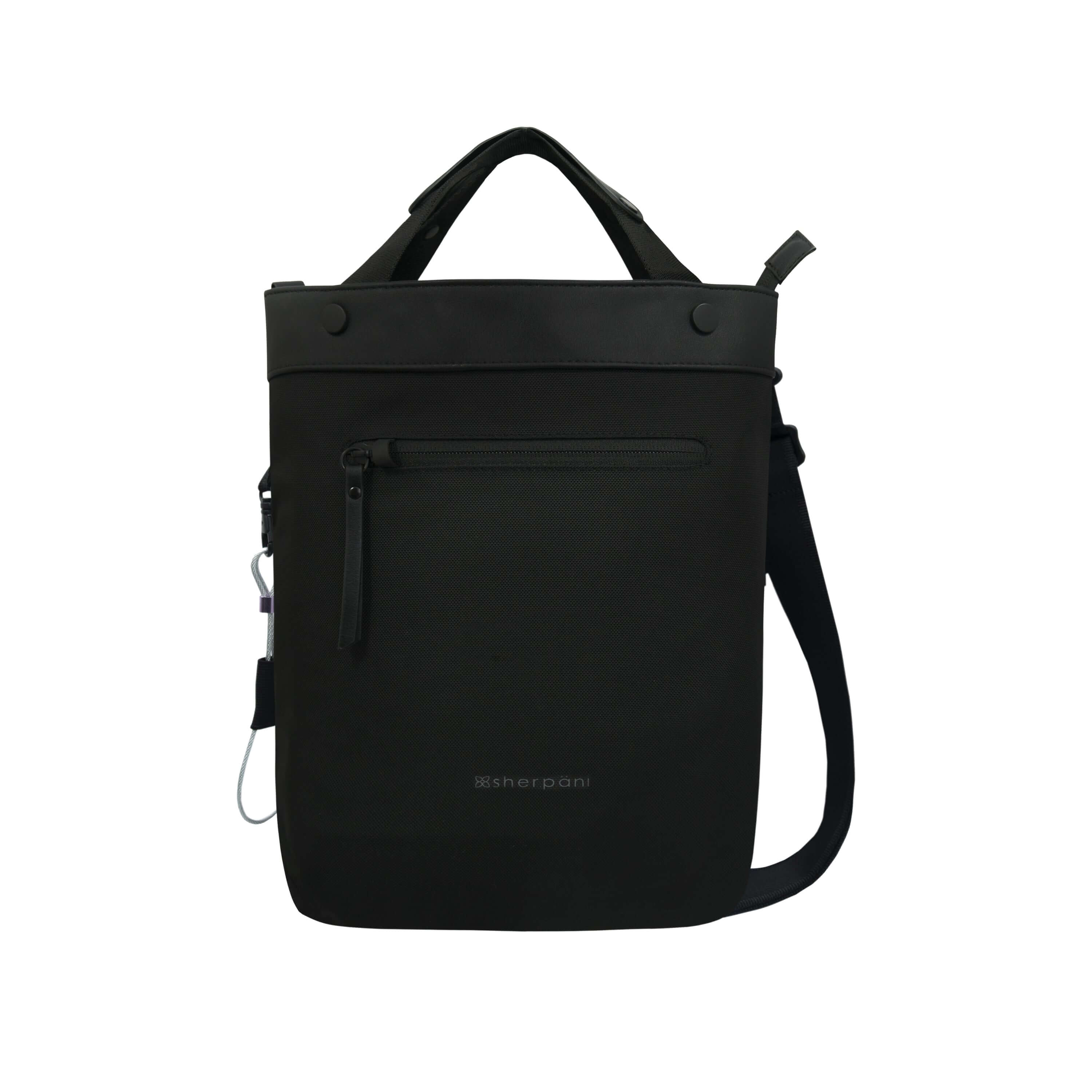 Flat front view of Sherpani&#39;s Anti-Theft bag, the Geo AT in Carbon, with vegan leather accents in black. The bag features short tote handles and an adjustable/detachable crossbody strap. There is a locking zipper compartment on the front. A chair loop lock is clipped to the side and secured in place by an elastic tab.