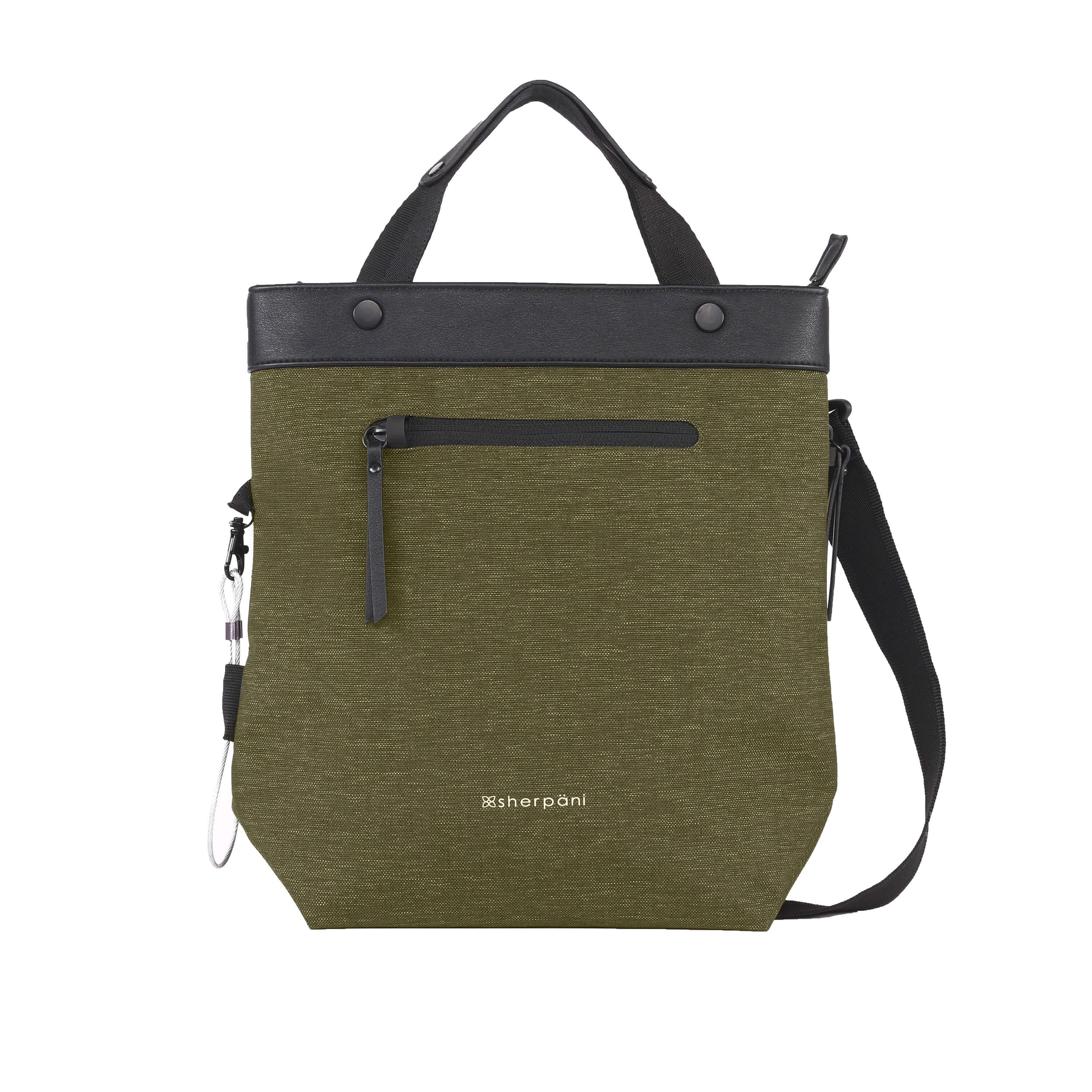 Flat front view of Sherpani's Anti-Theft bag, the Geo AT in Loden, with vegan leather accents in black. The bag features short tote handles and an adjustable/detachable crossbody strap. There is a locking zipper compartment on the front. A chair loop lock is clipped to the side and secured in place by an elastic tab. 