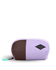 Flat front view of Sherpani travel accessory, the Harmony in Lavender. The pouch is two-toned in lavender and brown. It has an easy-pull zipper that is accented in aqua.