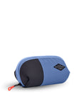 Angled front view of Sherpani travel accessory, the Harmony in Pacific Blue. The pouch is two-toned in ocean blue and black. It has an easy-pull zipper that is accented in red.