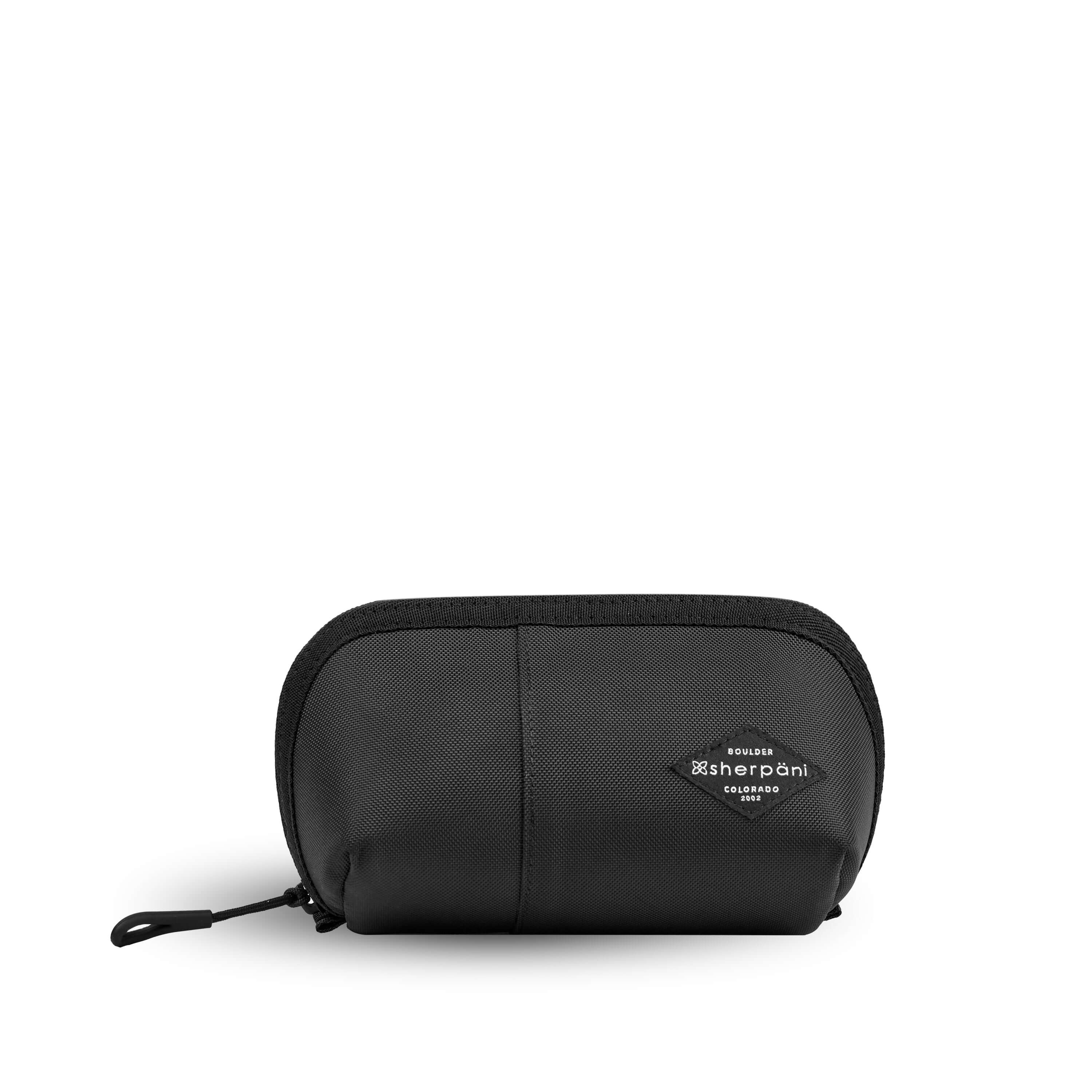 Flat front view of Sherpani travel accessory, the Harmony in Lavender. The pouch is entirely black. It has an easy-pull zipper that is accented in black.
